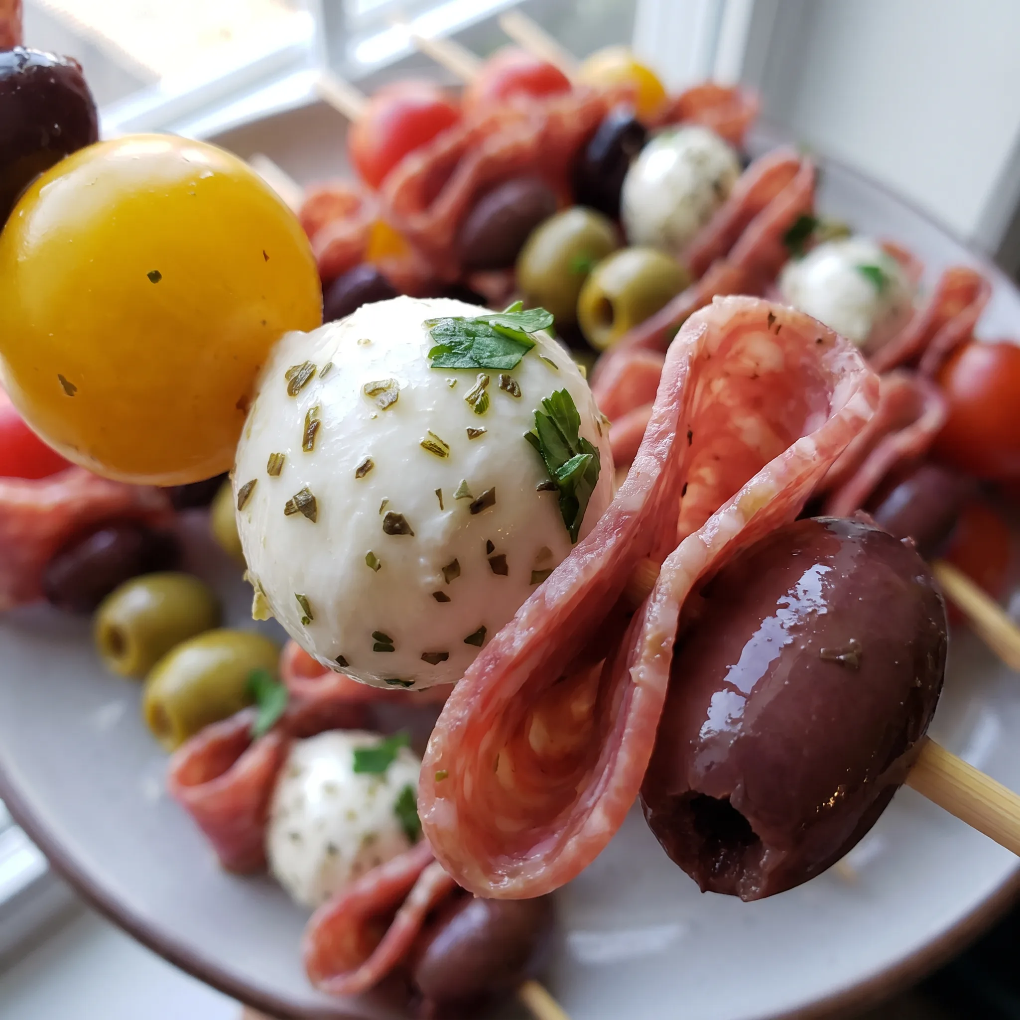 Glossy cherry tomatoes, briny olives, and creamy mozzarella balls pierced on skewers with folded salami.