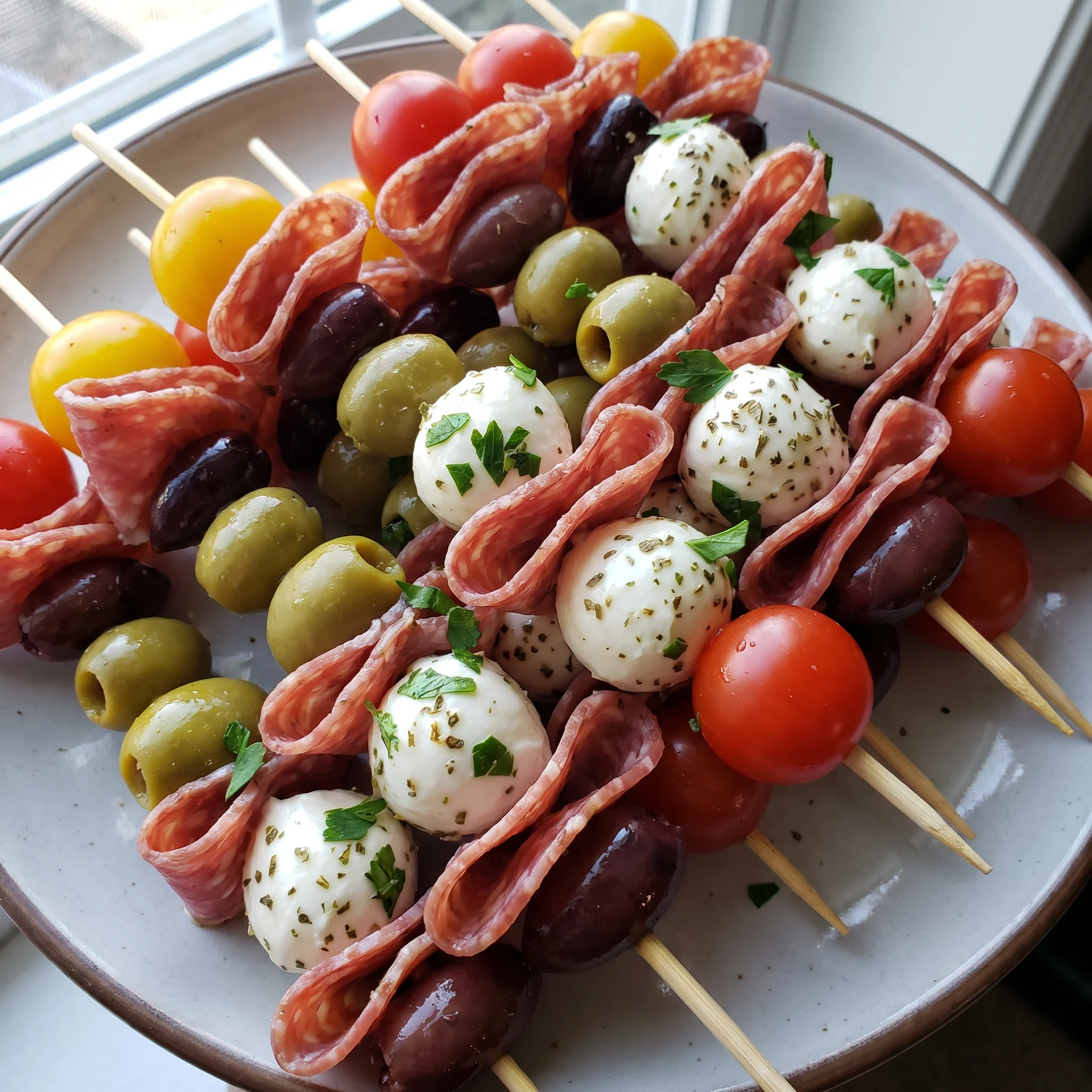 Antipasto skewers with mozzarella balls, salami, cherry tomatoes, green olives, and Kalamata olives on sticks.