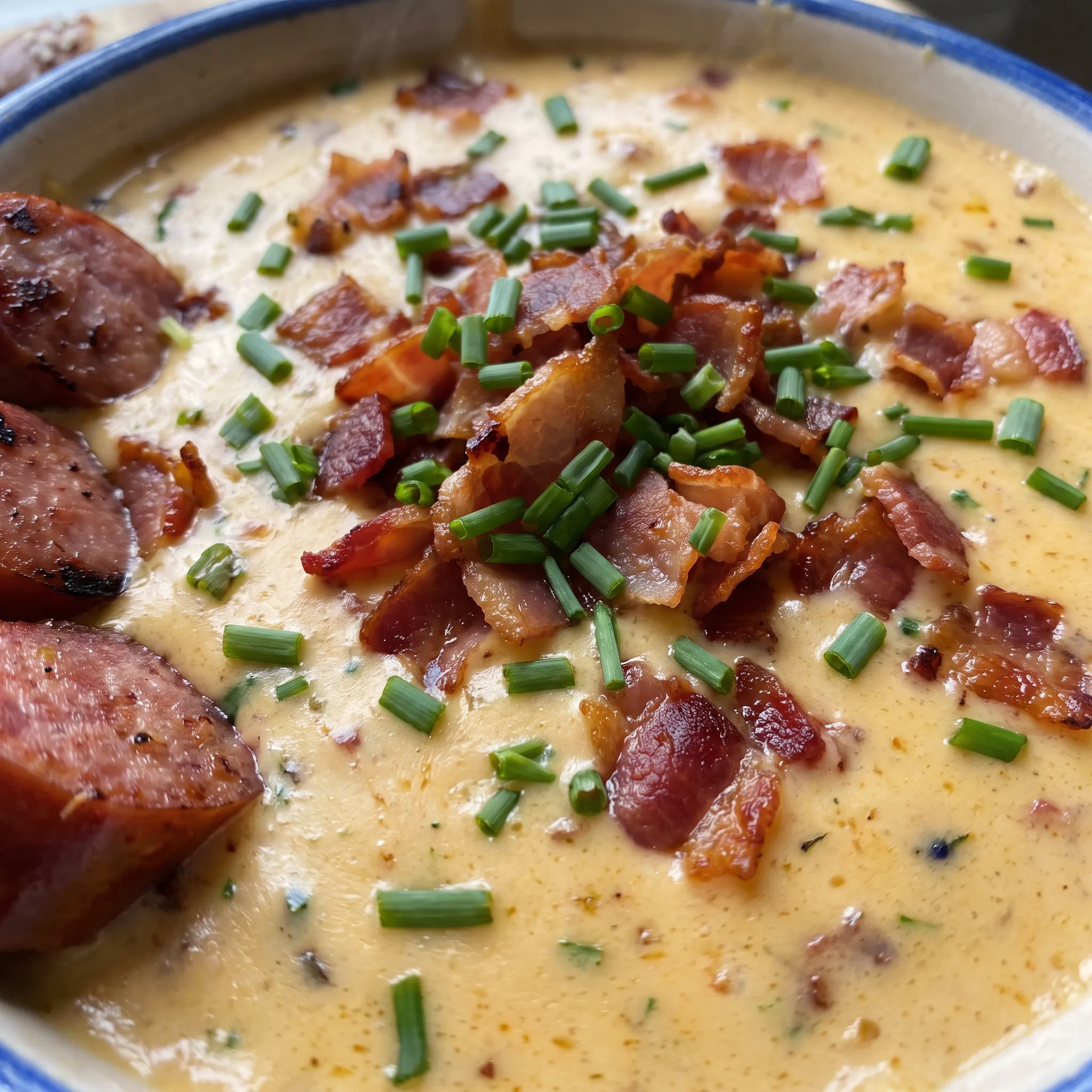 Creamy orange cheese dip with a smooth, glossy texture, scattered with crunchy bacon bits and green chive snippets.