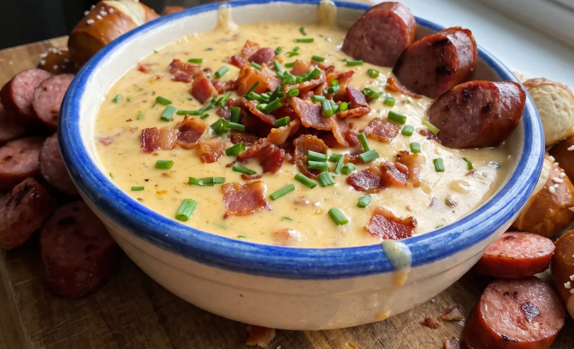 Bacon beer cheese dip with melted cheddar and cream cheese, topped with crispy bacon pieces and chopped chives.