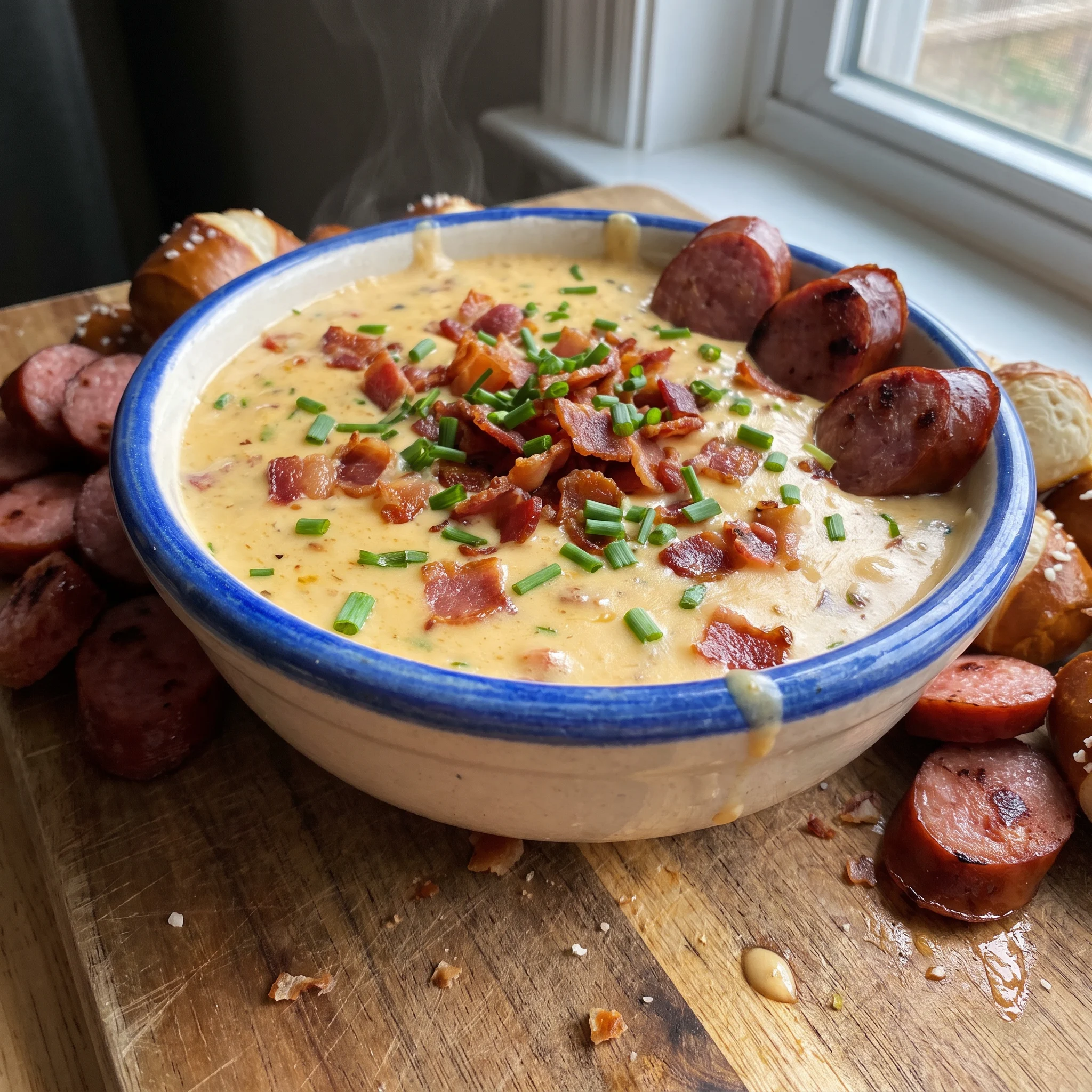 Bacon beer cheese dip with melted cheddar and cream cheese, topped with crispy bacon pieces and chopped chives.