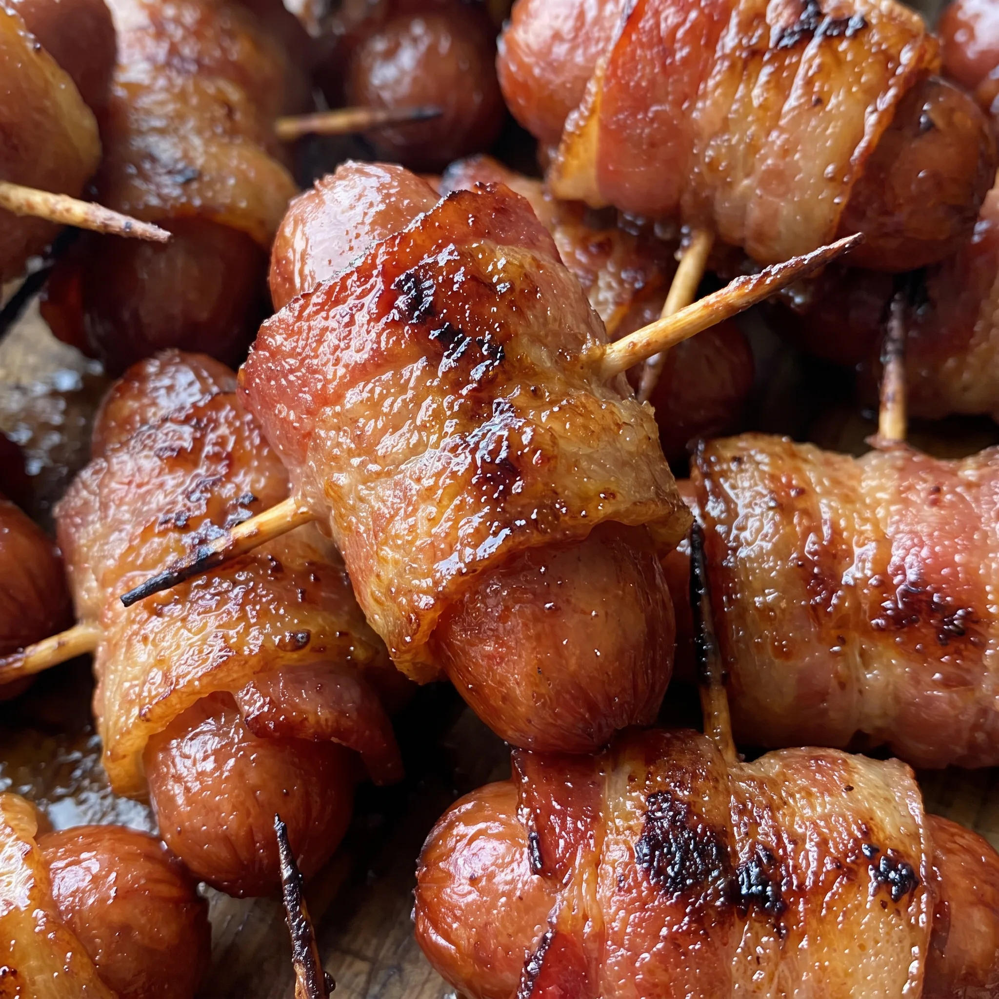 Caramelized brown sugar glaze on bacon wrapped sausages, crisp bacon edges and shiny sticky surface.