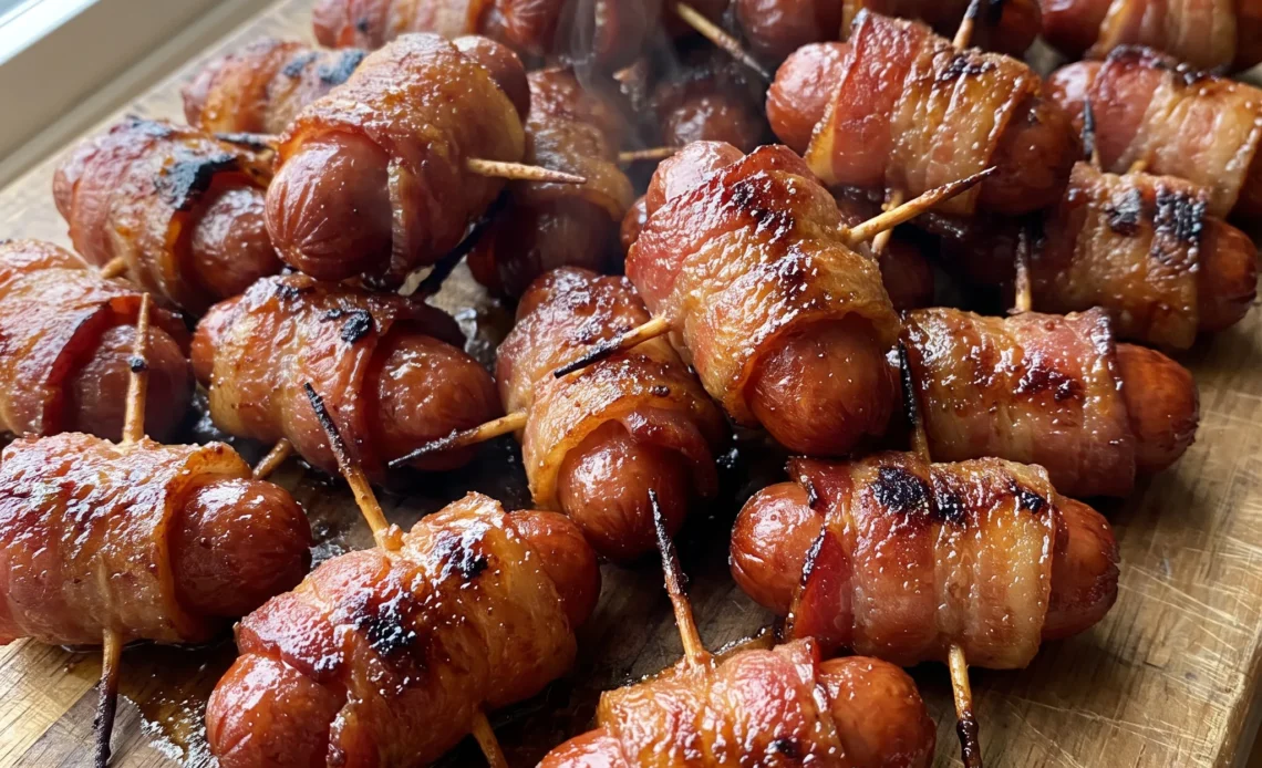 Bacon wrapped brown sugar smokies, cocktail sausages wrapped in crisp bacon with a glossy brown sugar coating.
