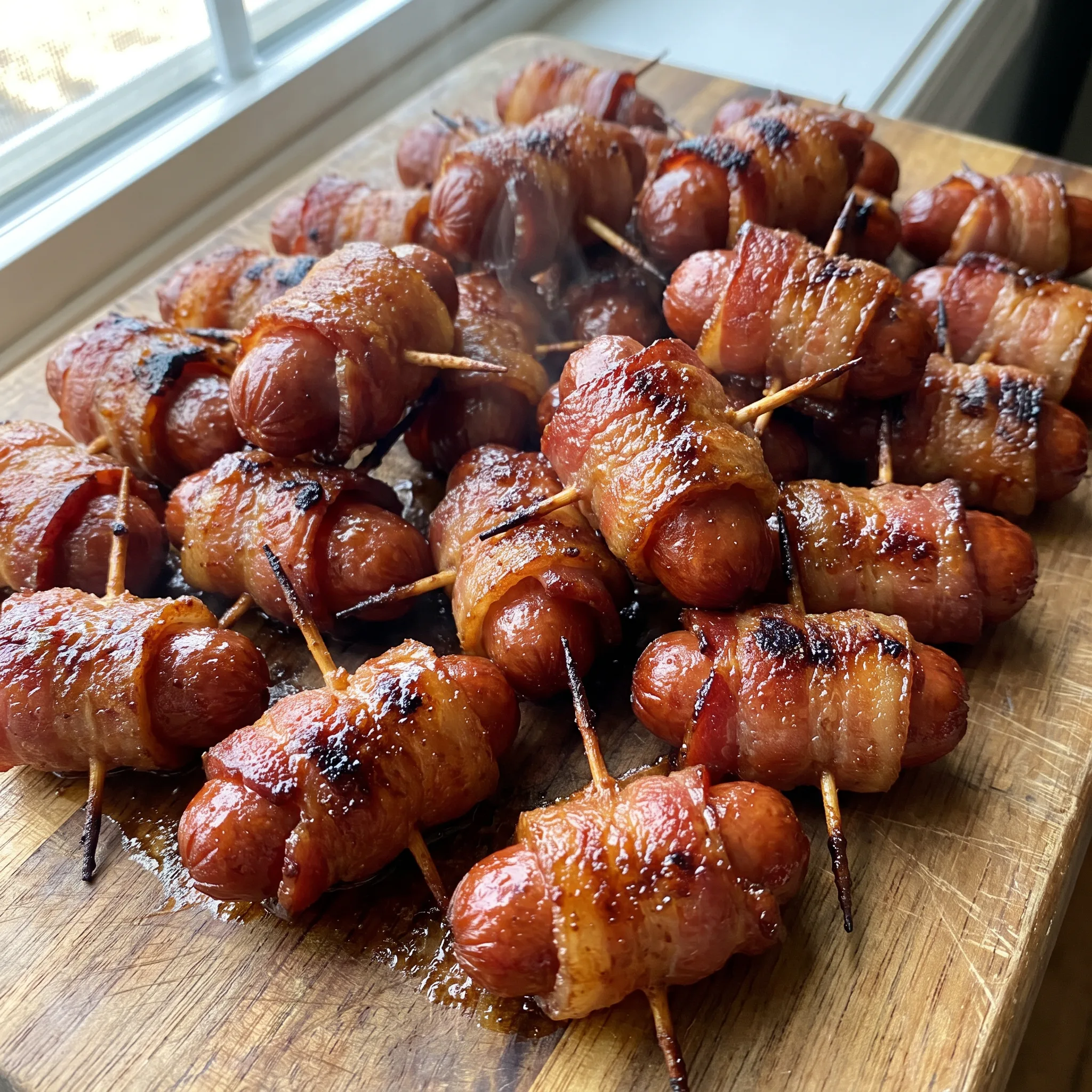 Bacon wrapped brown sugar smokies, cocktail sausages wrapped in crisp bacon with a glossy brown sugar coating.