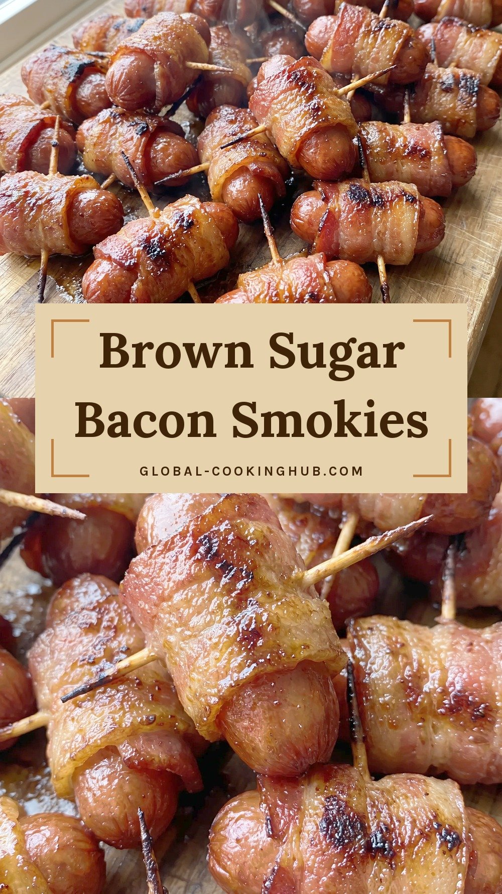 Board of bacon-wrapped little smokies on toothpicks with a sticky glaze.