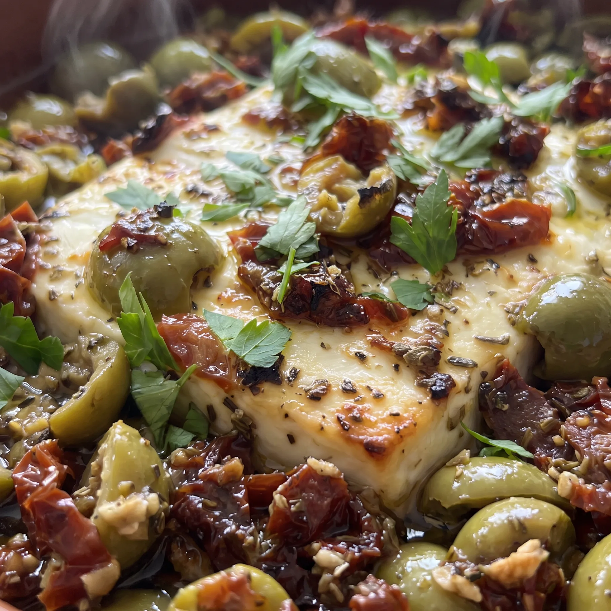 Creamy feta interior with a browned top, studded with dark olives and ruby sun-dried tomato pieces