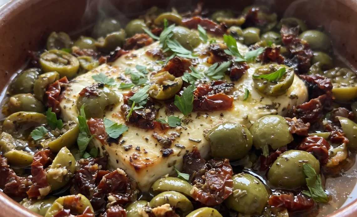 Baked feta block topped with black olives and chopped sun-dried tomatoes, creamy white cheese with golden edges
