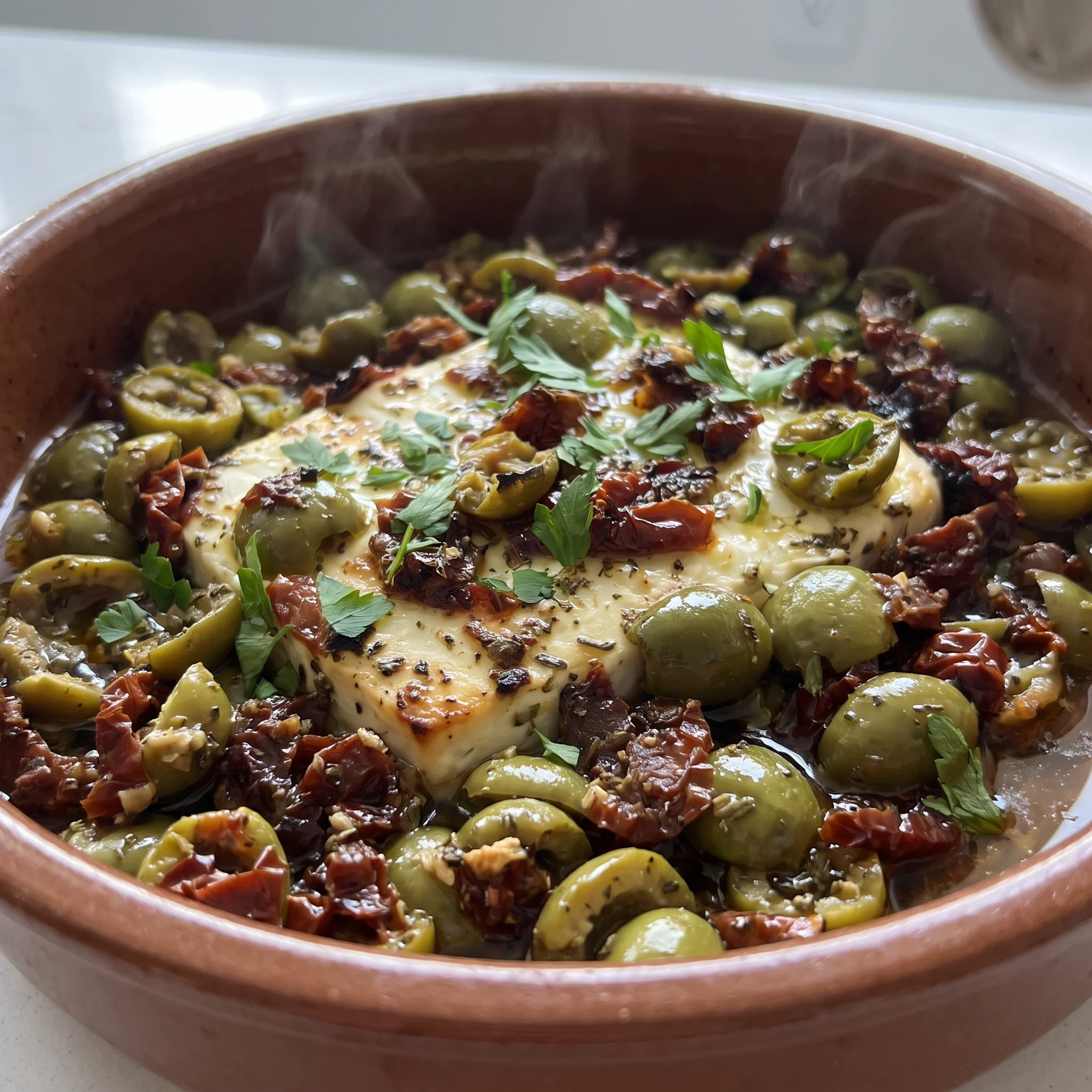 Baked feta block topped with black olives and chopped sun-dried tomatoes, creamy white cheese with golden edges