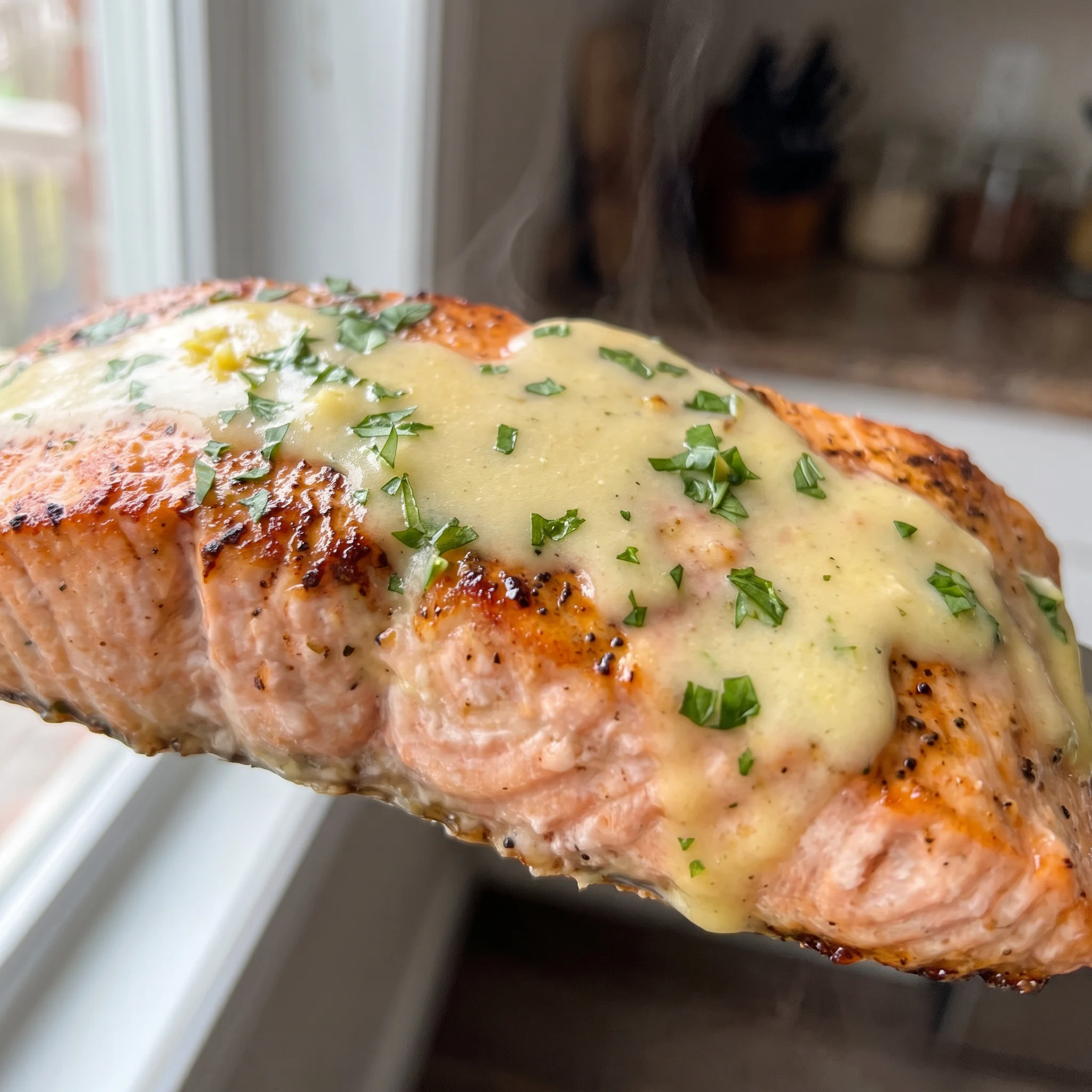 Flaky salmon with a shiny yellow butter lemon sauce, visible garlic bits and green parsley flecks.