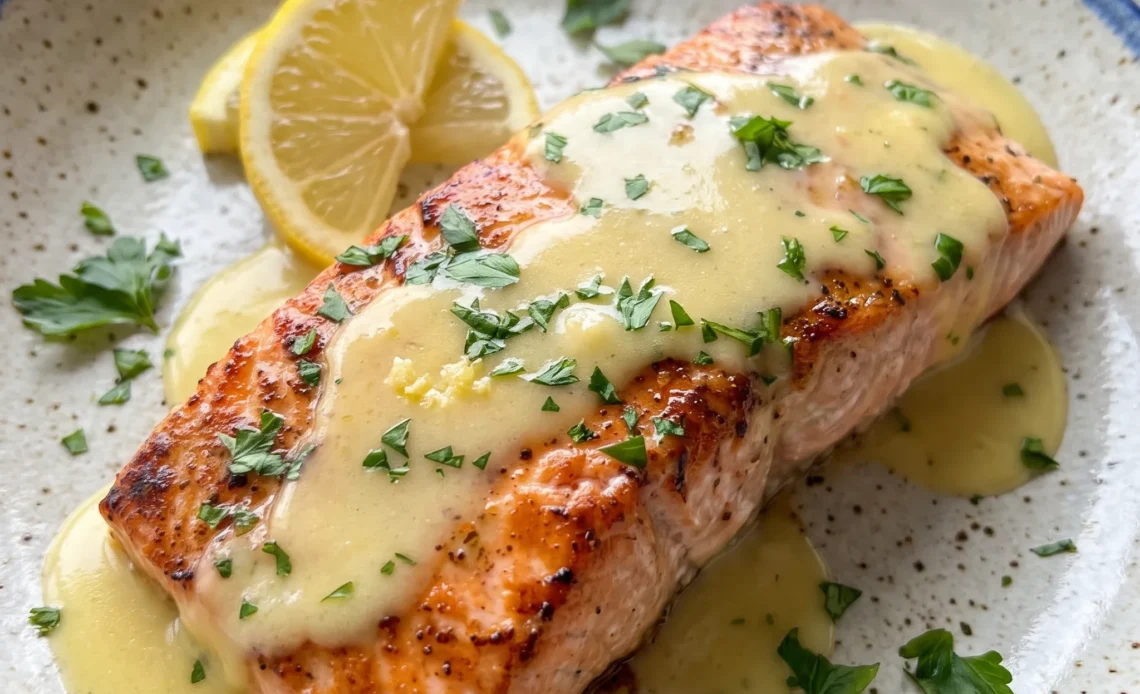 Baked salmon fillet coated in glossy butter lemon sauce with minced garlic and chopped parsley on top.