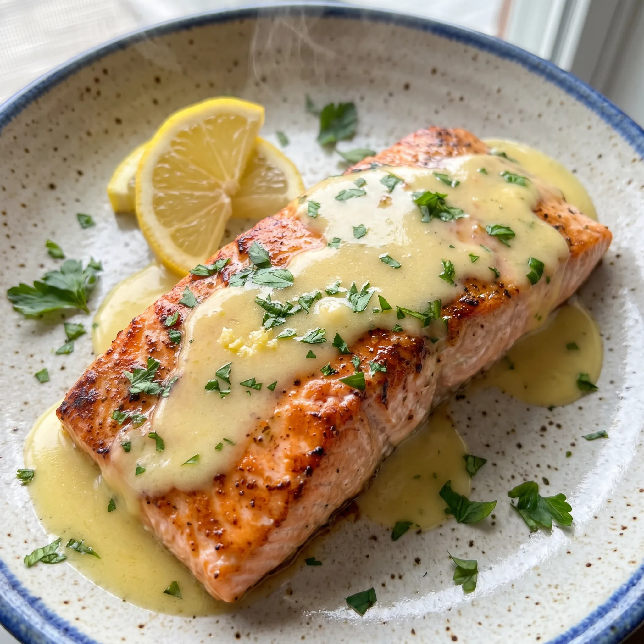 Baked salmon fillet coated in glossy butter lemon sauce with minced garlic and chopped parsley on top.