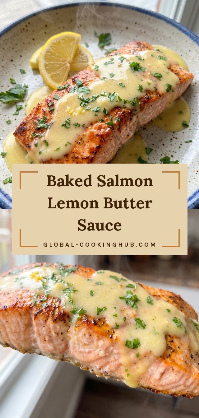 Flaky baked salmon fillet glazed with creamy butter lemon sauce, minced garlic, and chopped parsley.