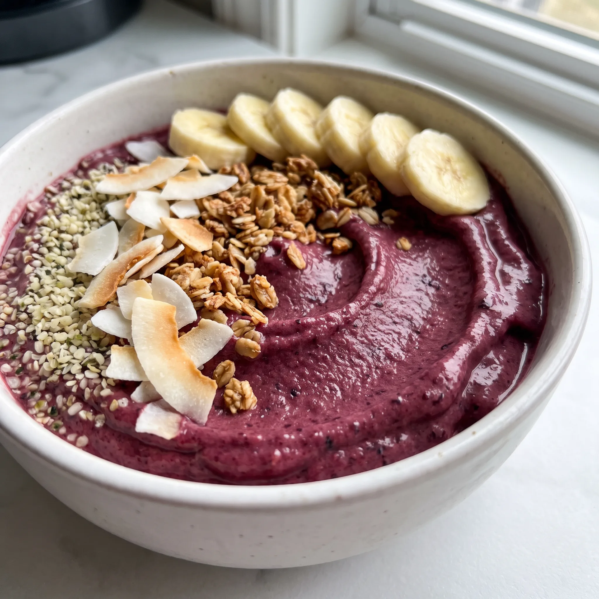 Berry smoothie bowl topped with mixed berries, banana slices, and a swirl of Greek yogurt.