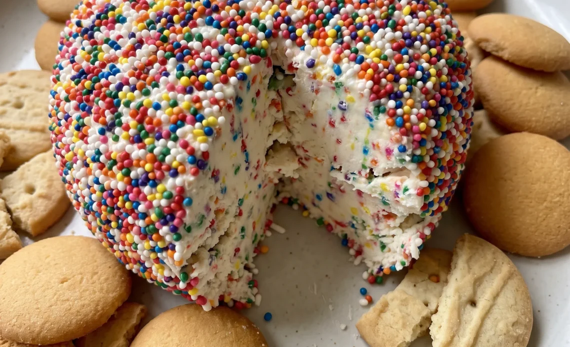 A round cream cheese ball coated in rainbow sprinkles with funfetti cake mix mixed through.