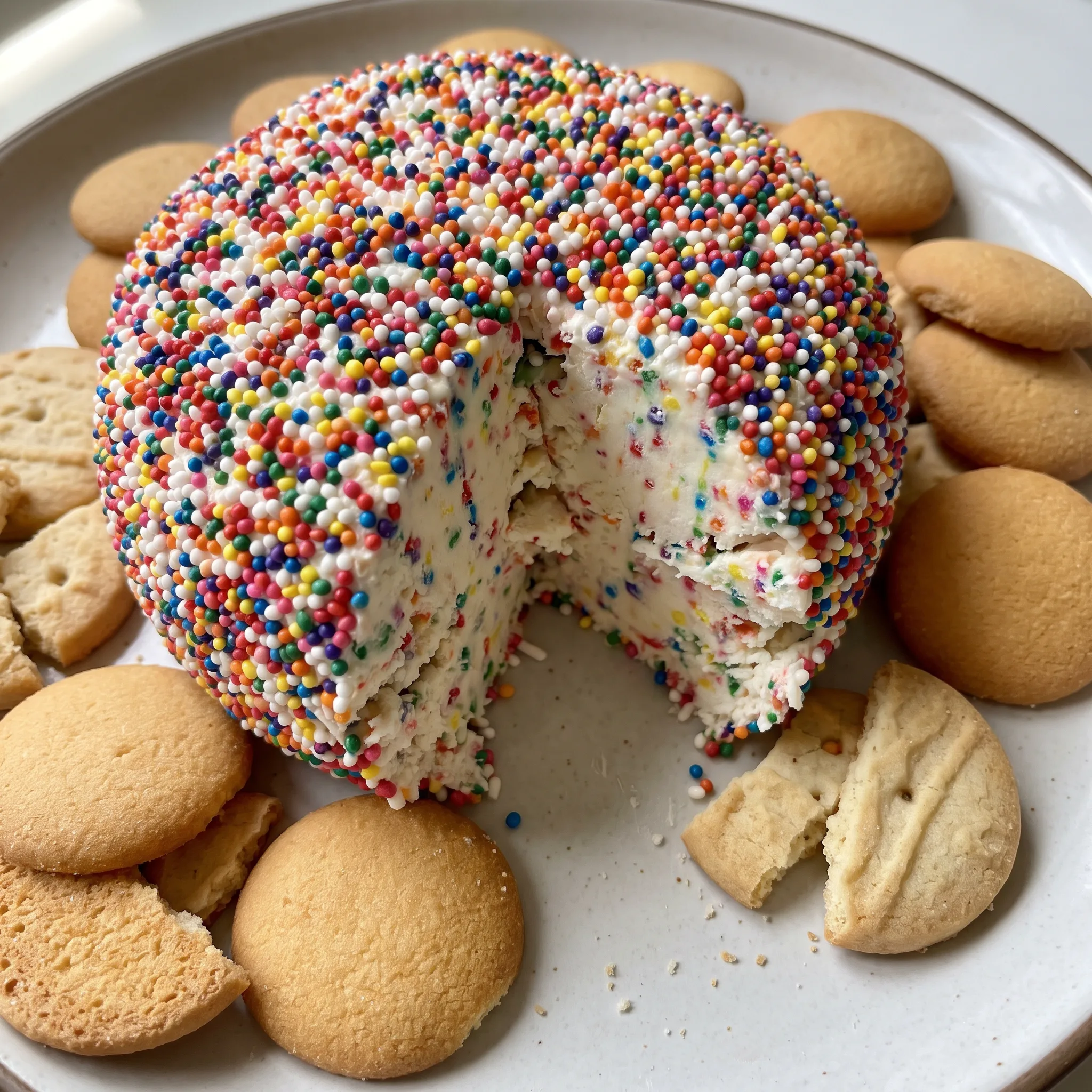 A round cream cheese ball coated in rainbow sprinkles with funfetti cake mix mixed through.