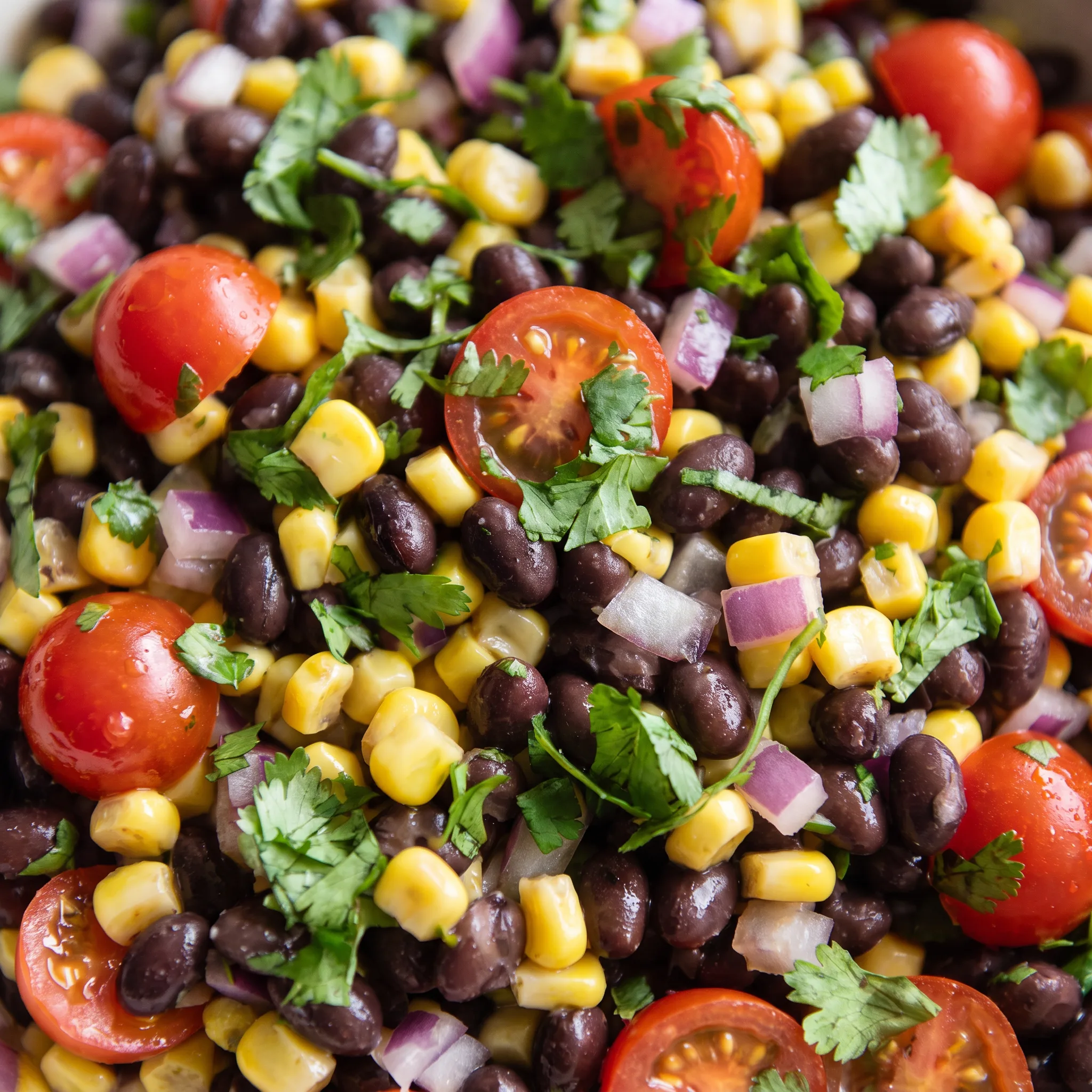 Glossy black beans and yellow corn kernels mixed with halved cherry tomatoes and diced red onion.