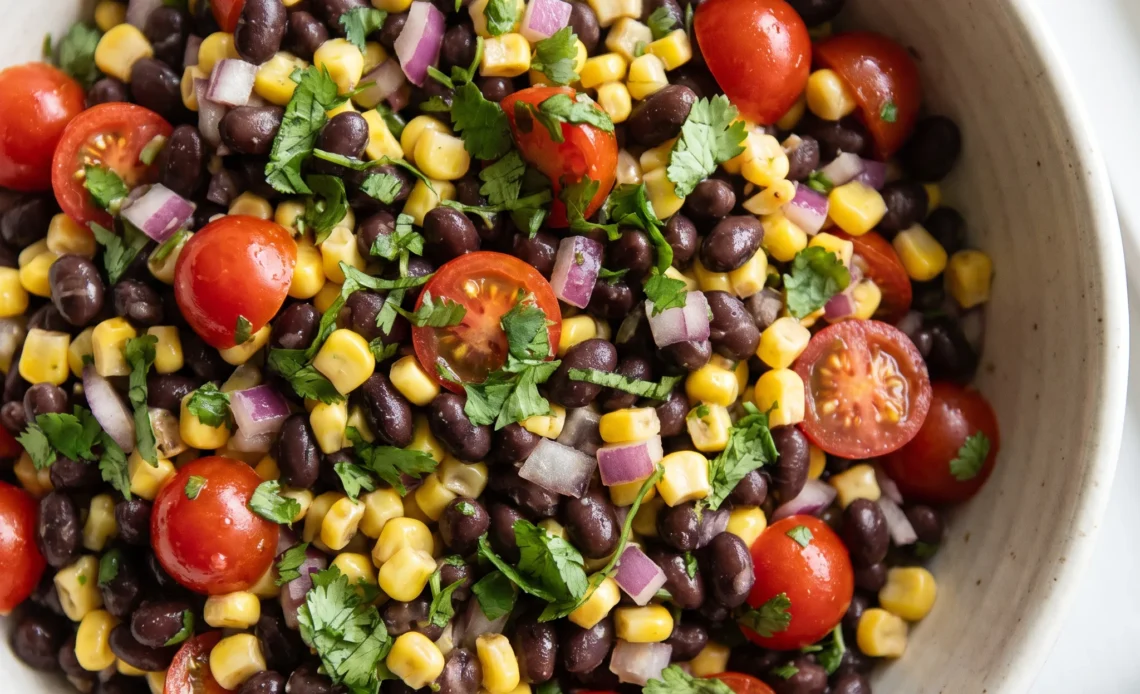 Black bean and corn salad with cherry tomatoes, red onion, and cilantro leaves.