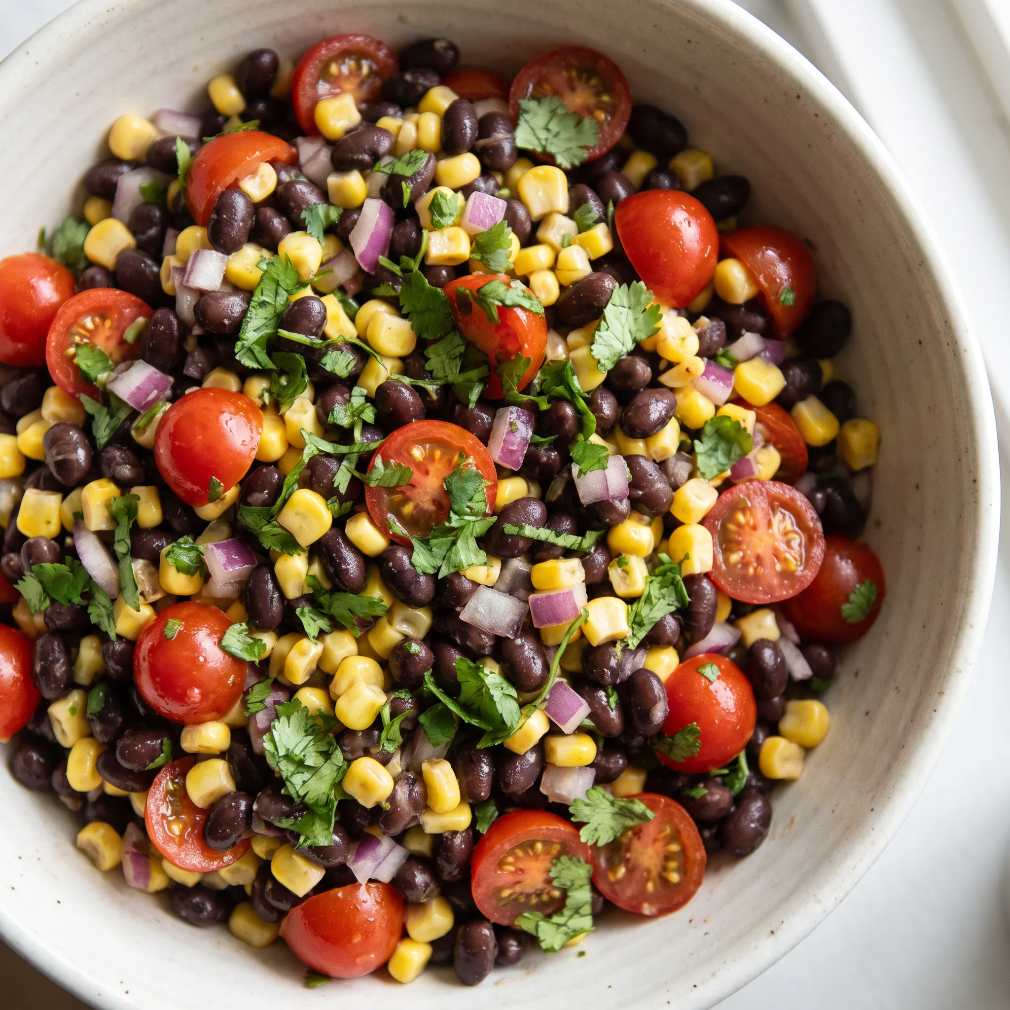 Black bean and corn salad with cherry tomatoes, red onion, and cilantro leaves.