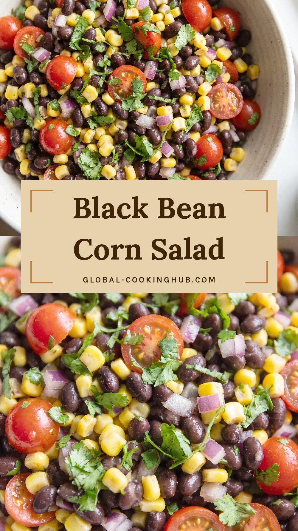 Bowl of black bean and corn salad with cherry tomatoes, red onion and cilantro.