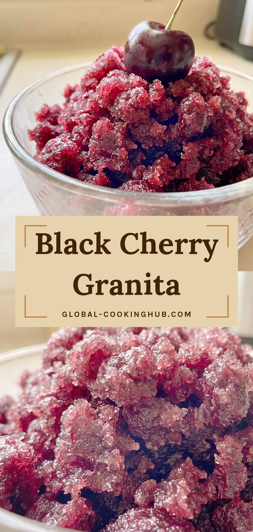 Dark red shaved black cherry granita with icy crystals, topped with fresh black cherries and a drizzle of almond extract.