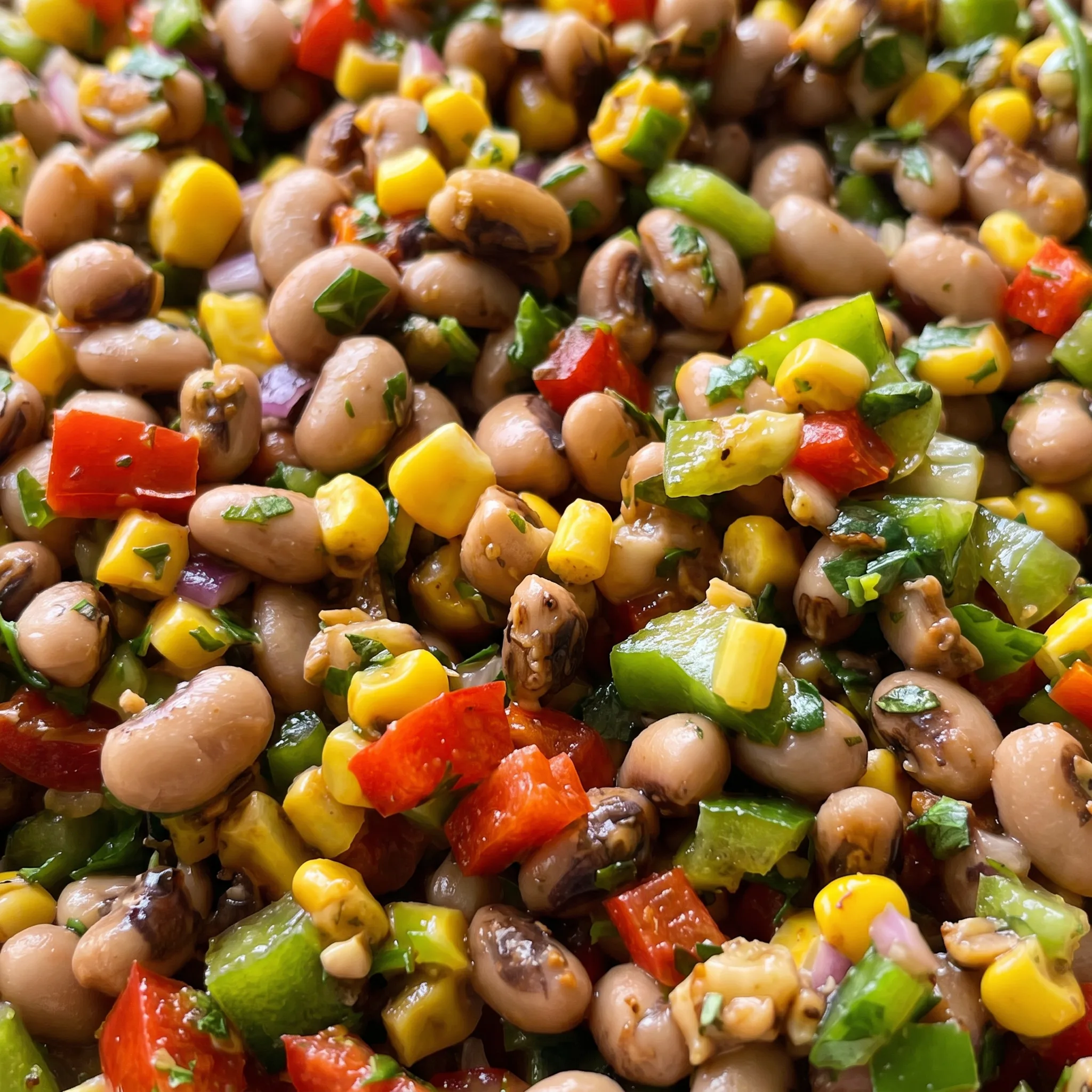 Glossy black-eyed peas mixed with bright corn kernels, crisp pepper dice, and flecks of chopped parsley.