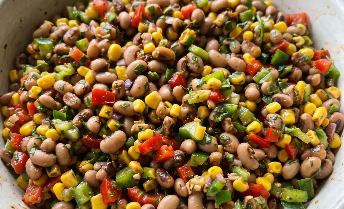 Black-eyed pea salad with yellow corn, diced red and green bell peppers, red onion, jalapeño, and parsley.