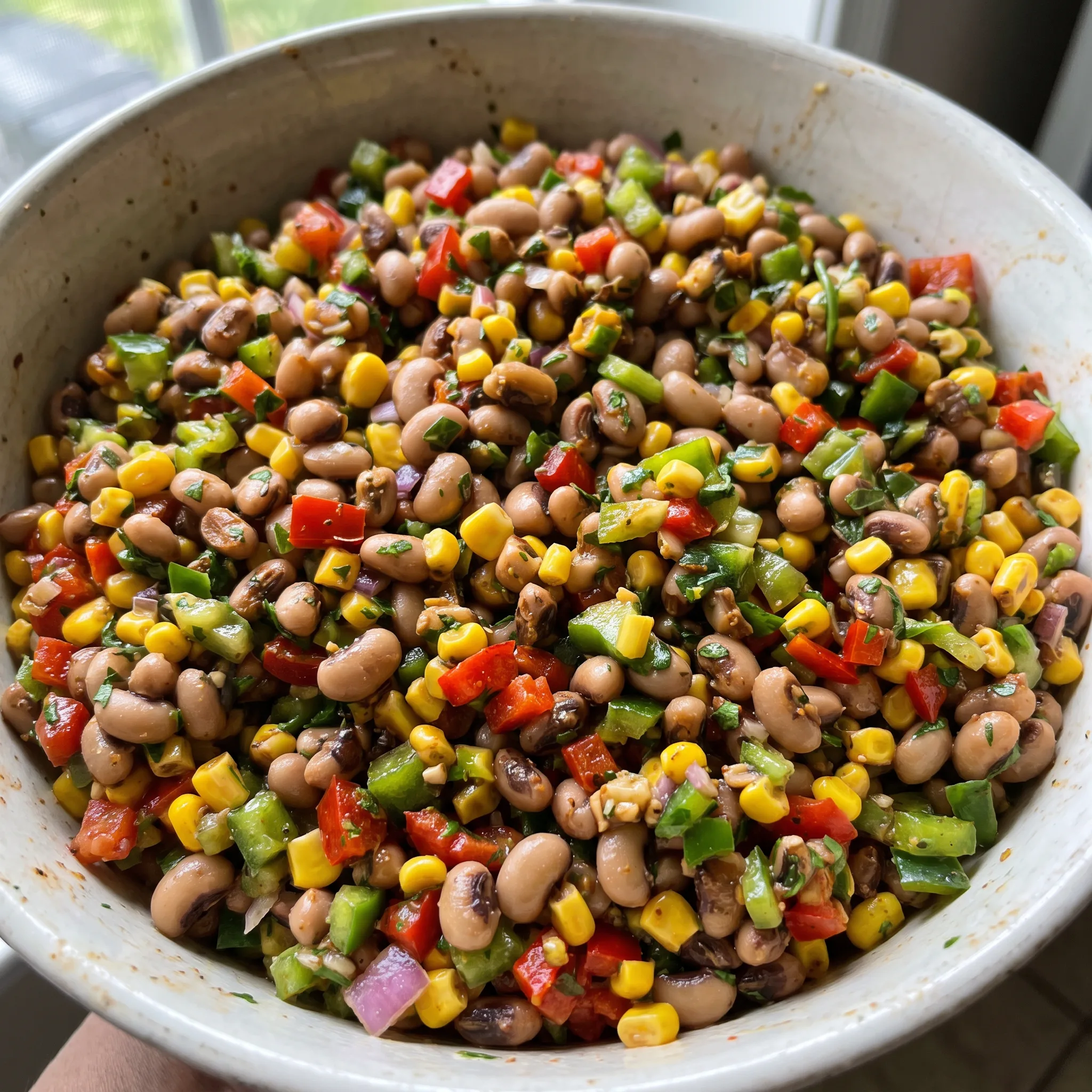 Black-eyed pea salad with yellow corn, diced red and green bell peppers, red onion, jalapeño, and parsley.