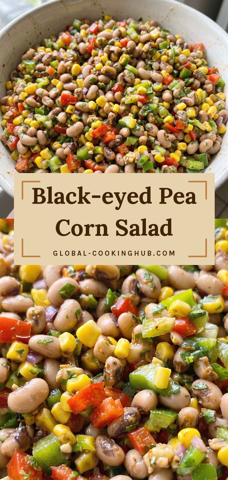 Bowl of black-eyed pea salad with corn, diced red and green peppers and red onion.