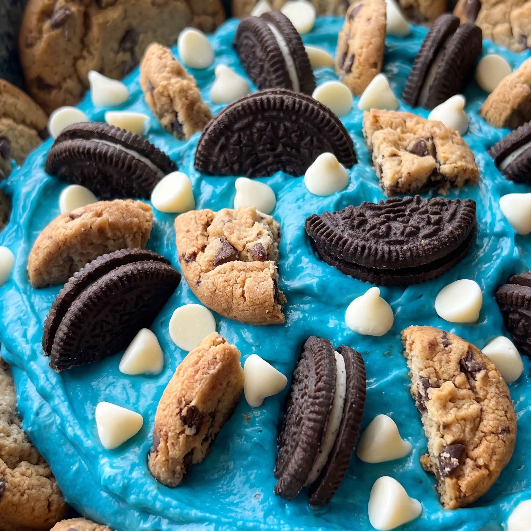 Creamy blue dip texture with cookie crumb specks and white chocolate chips scattered across the surface.