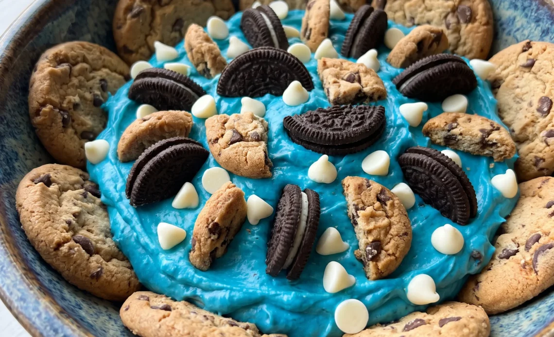 Blue Cookie Monster Dip with cream cheese base, blue swirls, crushed Oreos, Chips Ahoy chunks, white chocolate chips.