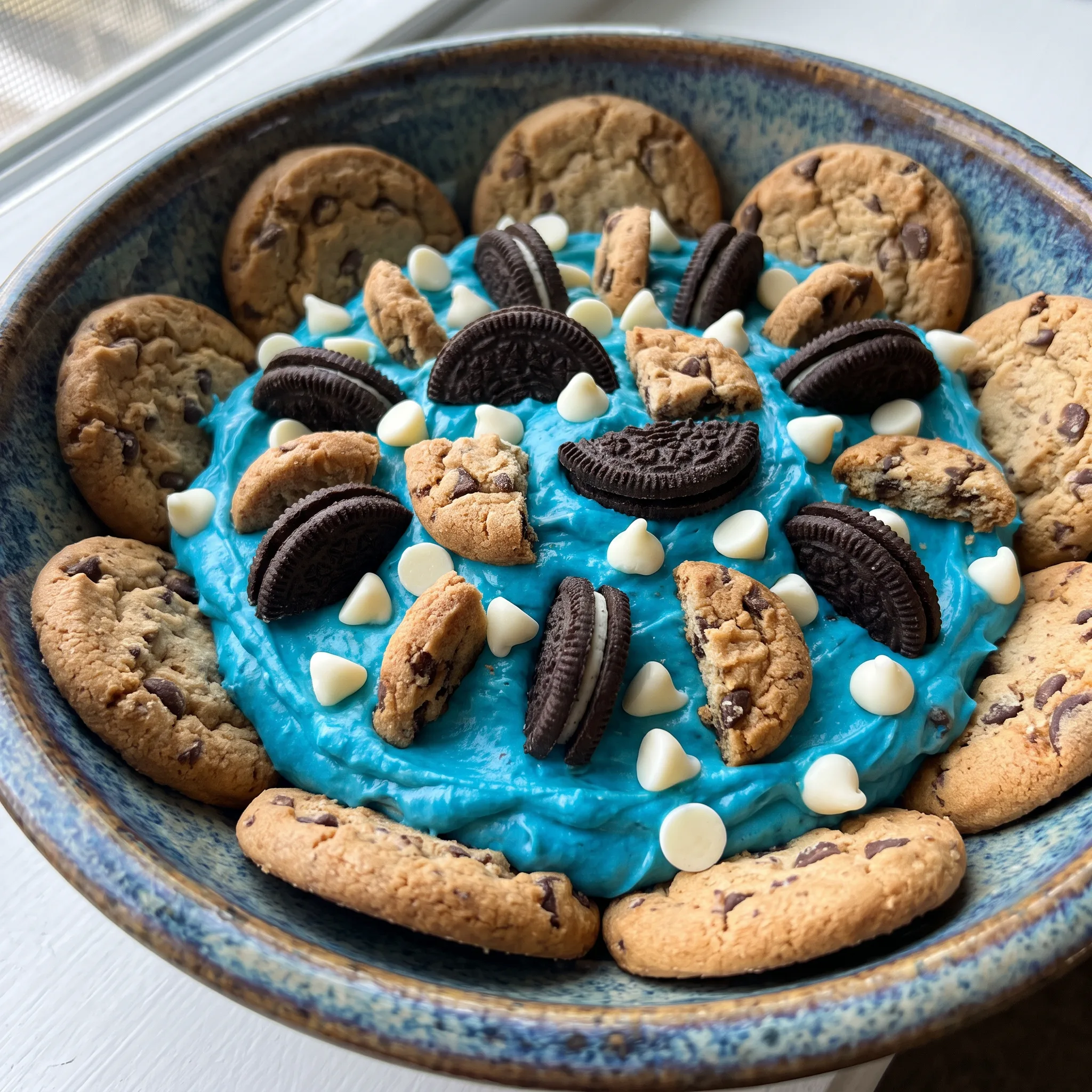 Blue Cookie Monster Dip with cream cheese base, blue swirls, crushed Oreos, Chips Ahoy chunks, white chocolate chips.
