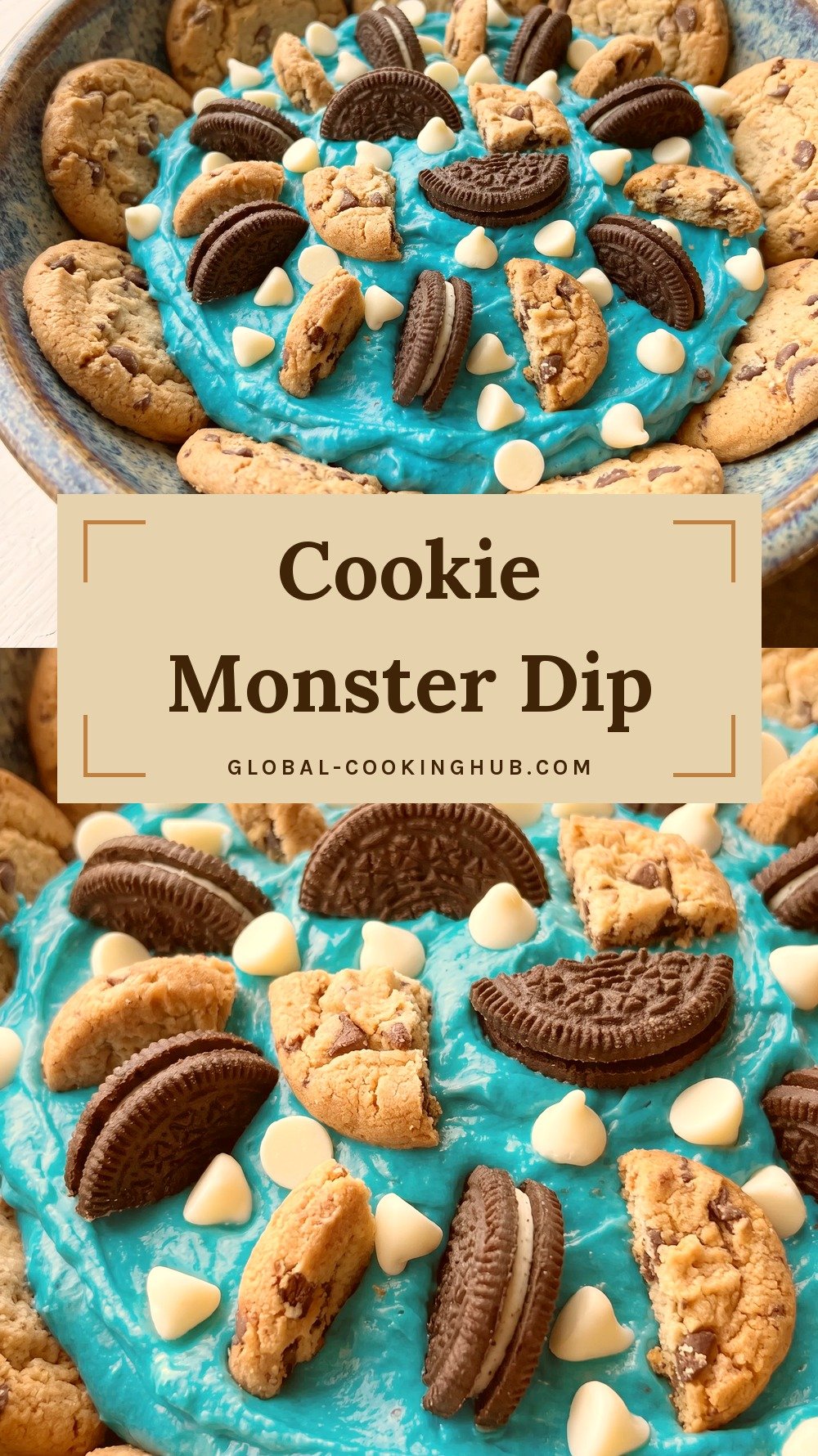 Bowl of bright blue dip covered in chocolate chip cookies, Oreos and white chocolate chips.