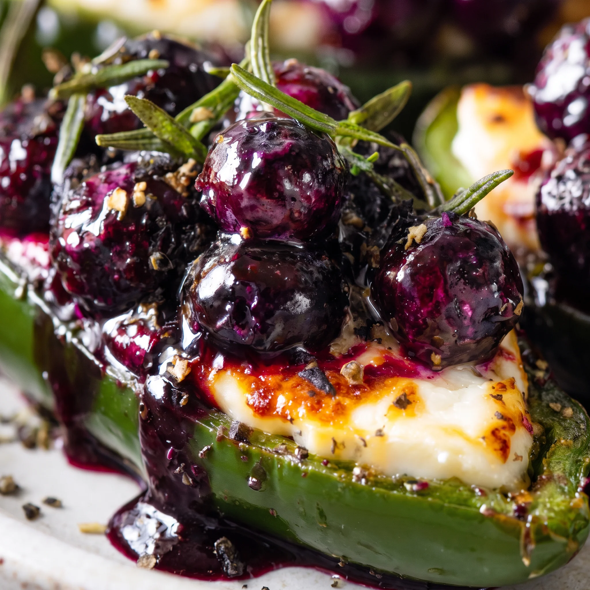 Soft brie oozing over roasted jalapeño halves, with dark blueberries and tiny green thyme leaves.