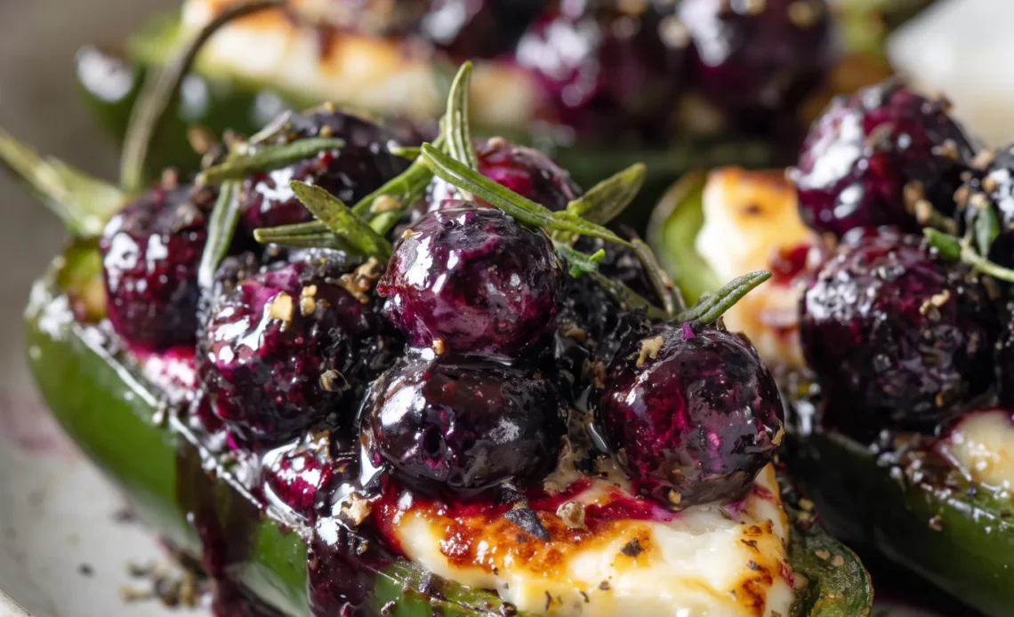 Jalapeño halves filled with melted brie and blueberries, topped with fresh thyme leaves.