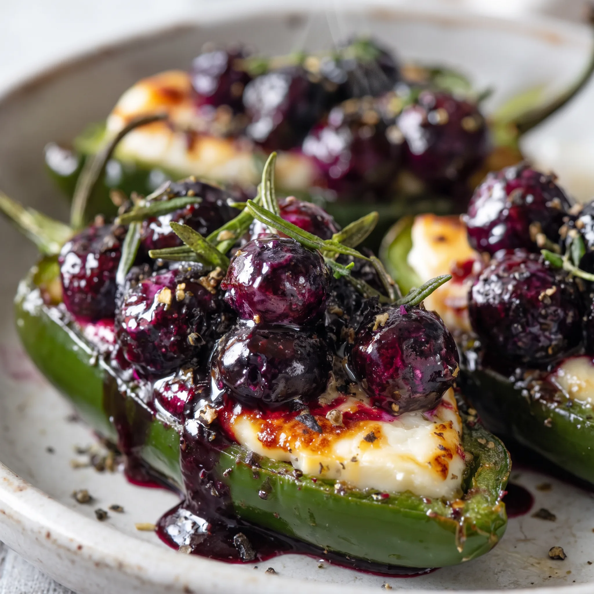 Jalapeño halves filled with melted brie and blueberries, topped with fresh thyme leaves.