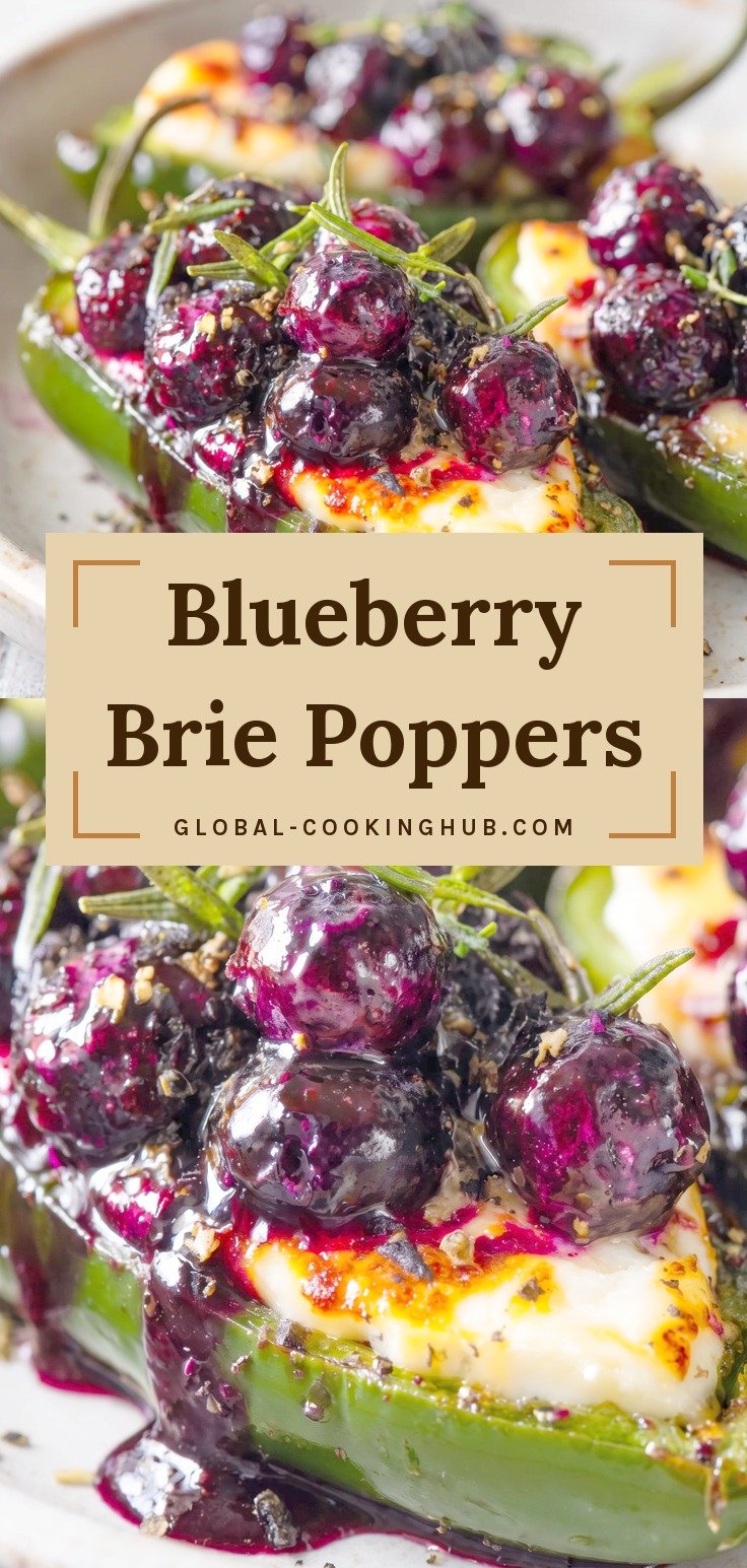 Jalapeño halves filled with melted brie and topped with roasted blueberries and thyme.