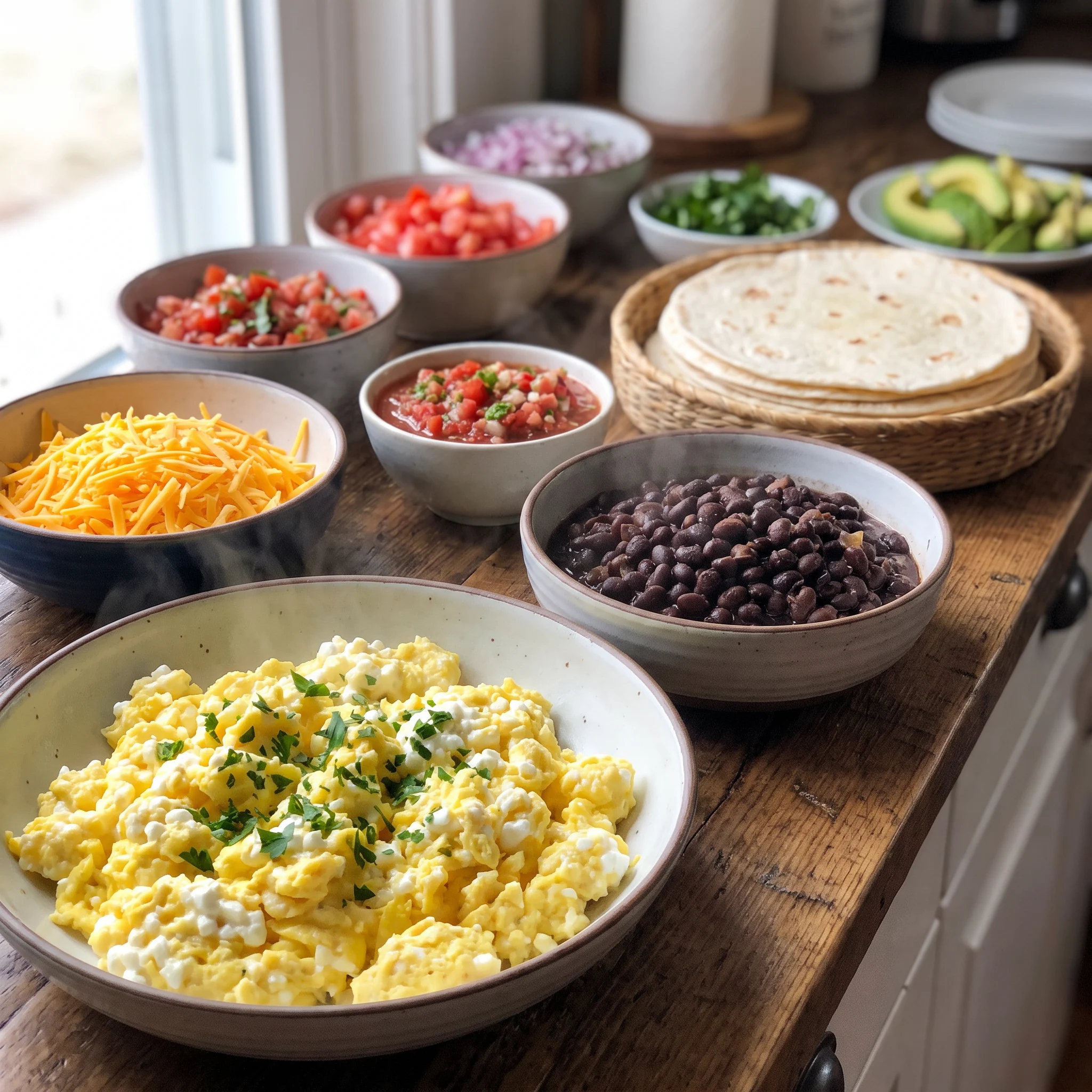 Flour tortilla filled with scrambled eggs, black beans, cheddar cheese, salsa, and sliced avocado.