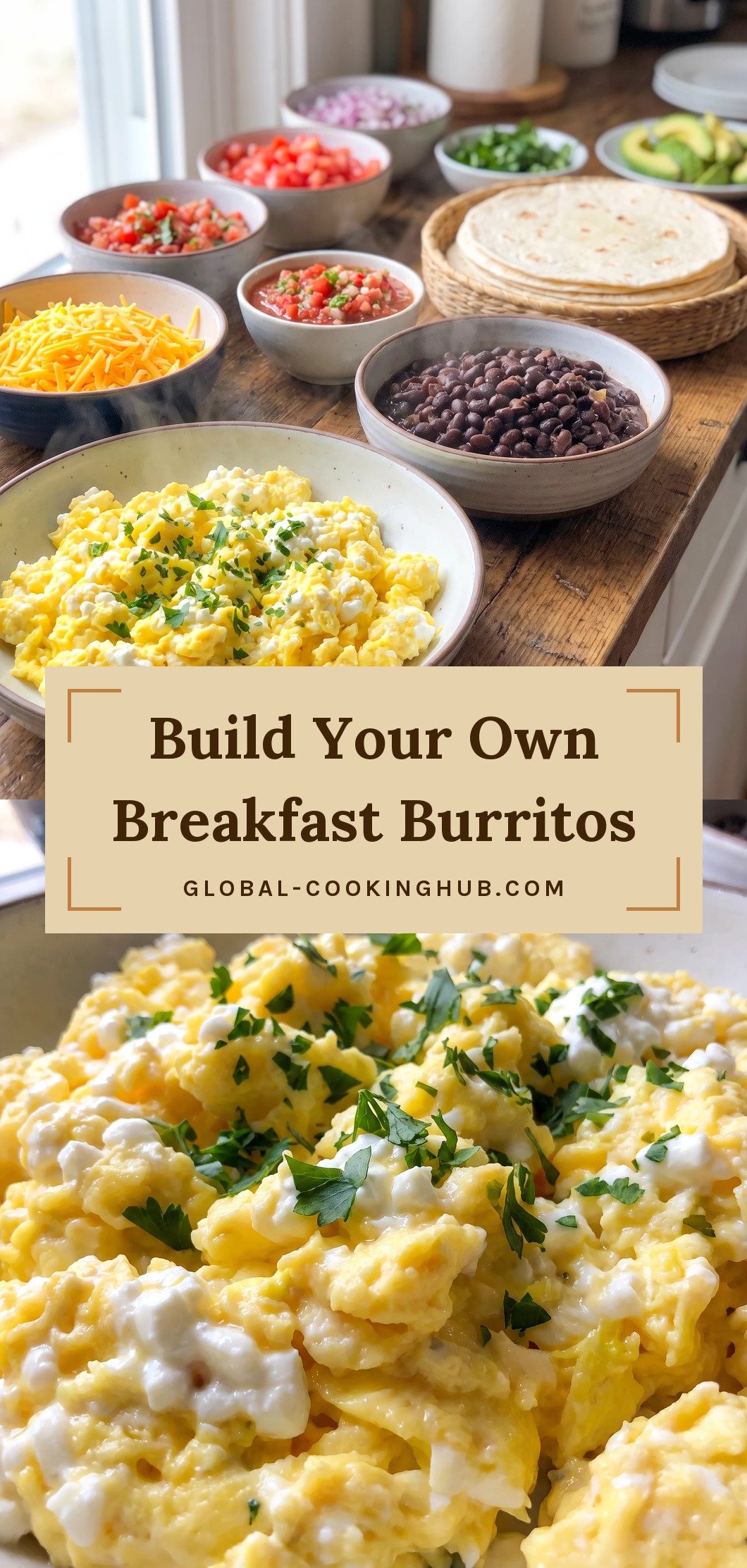Scrambled eggs, black beans, shredded cheddar, red salsa, and sliced avocado beside soft flour tortillas.