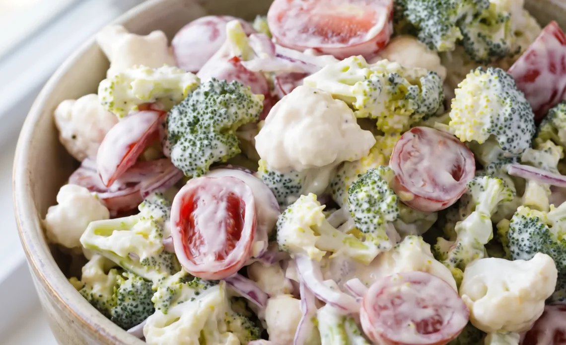 Creamy broccoli cauliflower Christmas salad with cherry tomatoes and diced red onion in a white dressing.