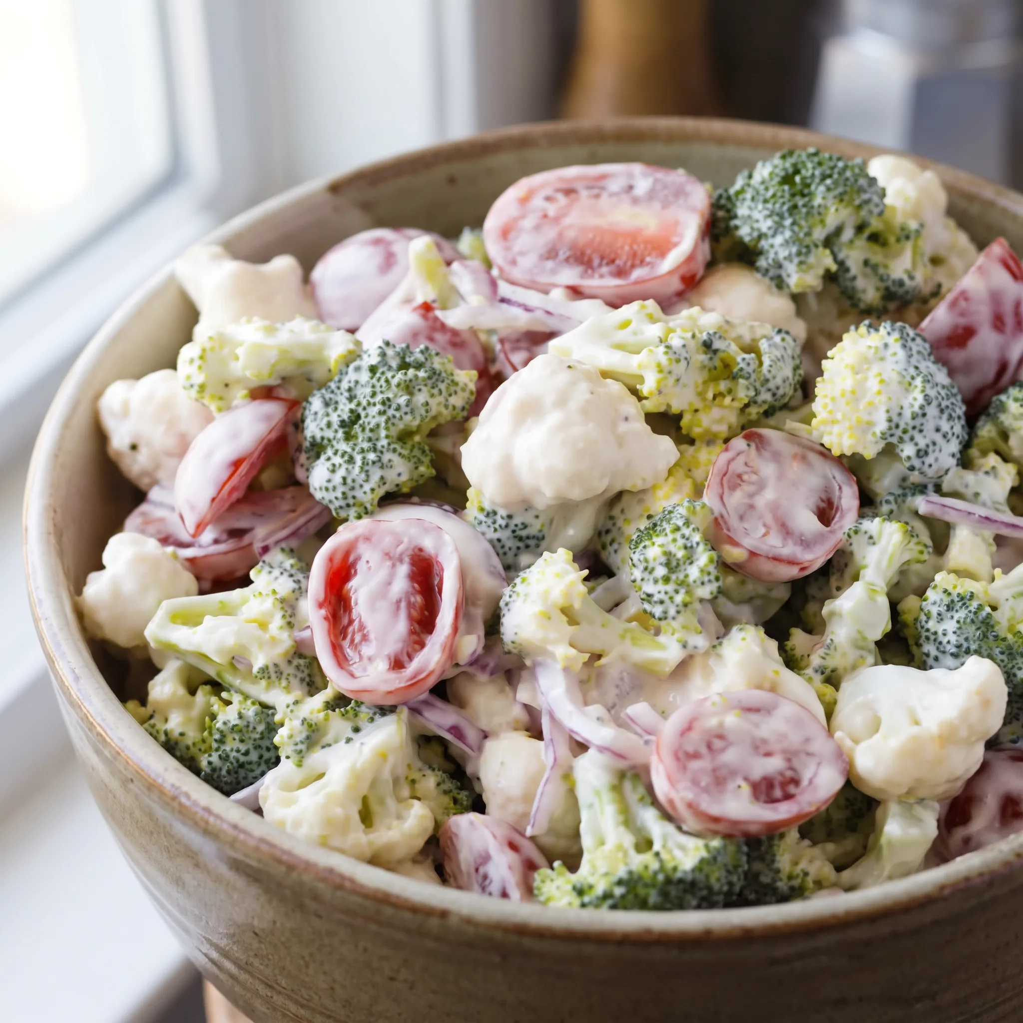 Creamy broccoli cauliflower Christmas salad with cherry tomatoes and diced red onion in a white dressing.