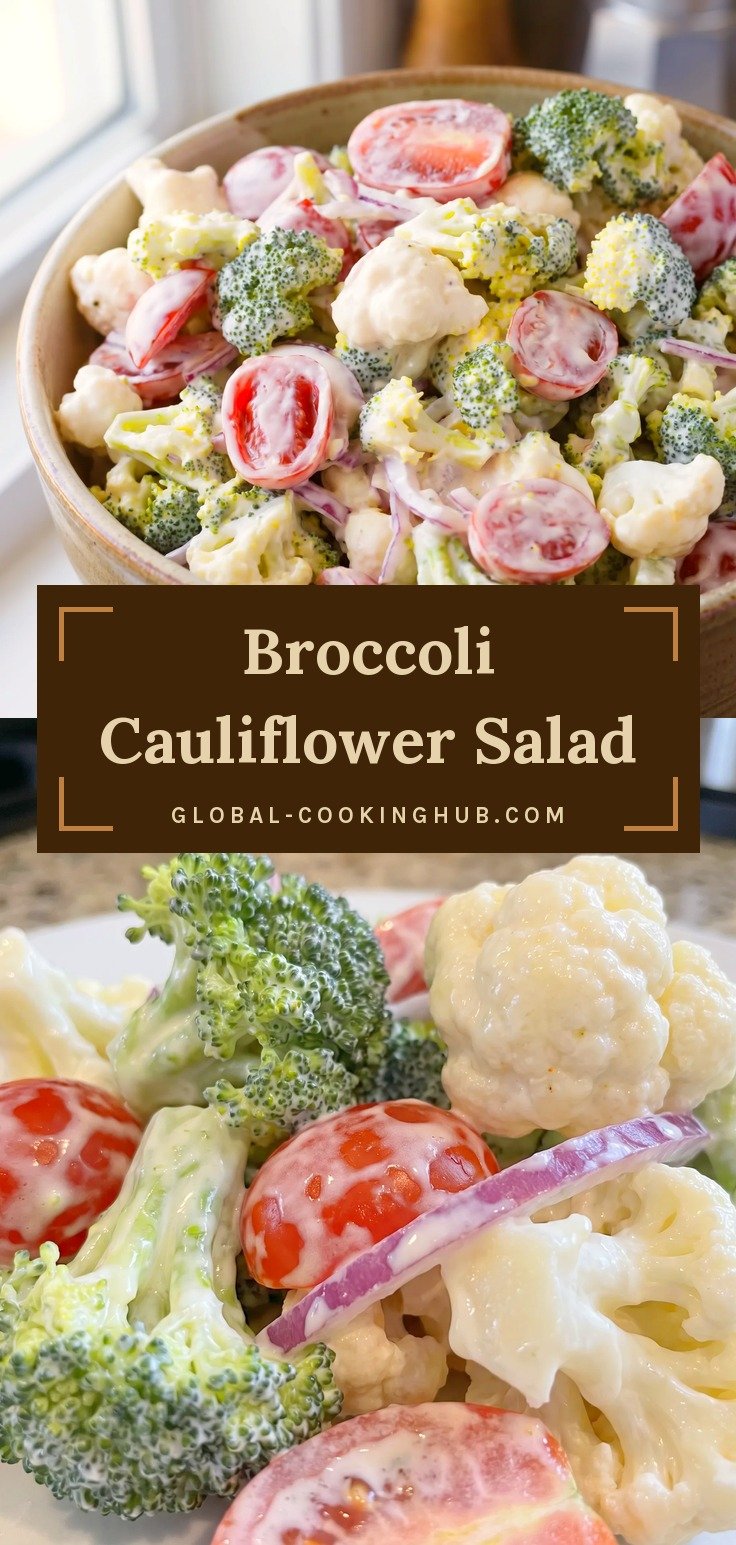 Bowl of broccoli and cauliflower salad in creamy dressing with cherry tomato halves and red onion.