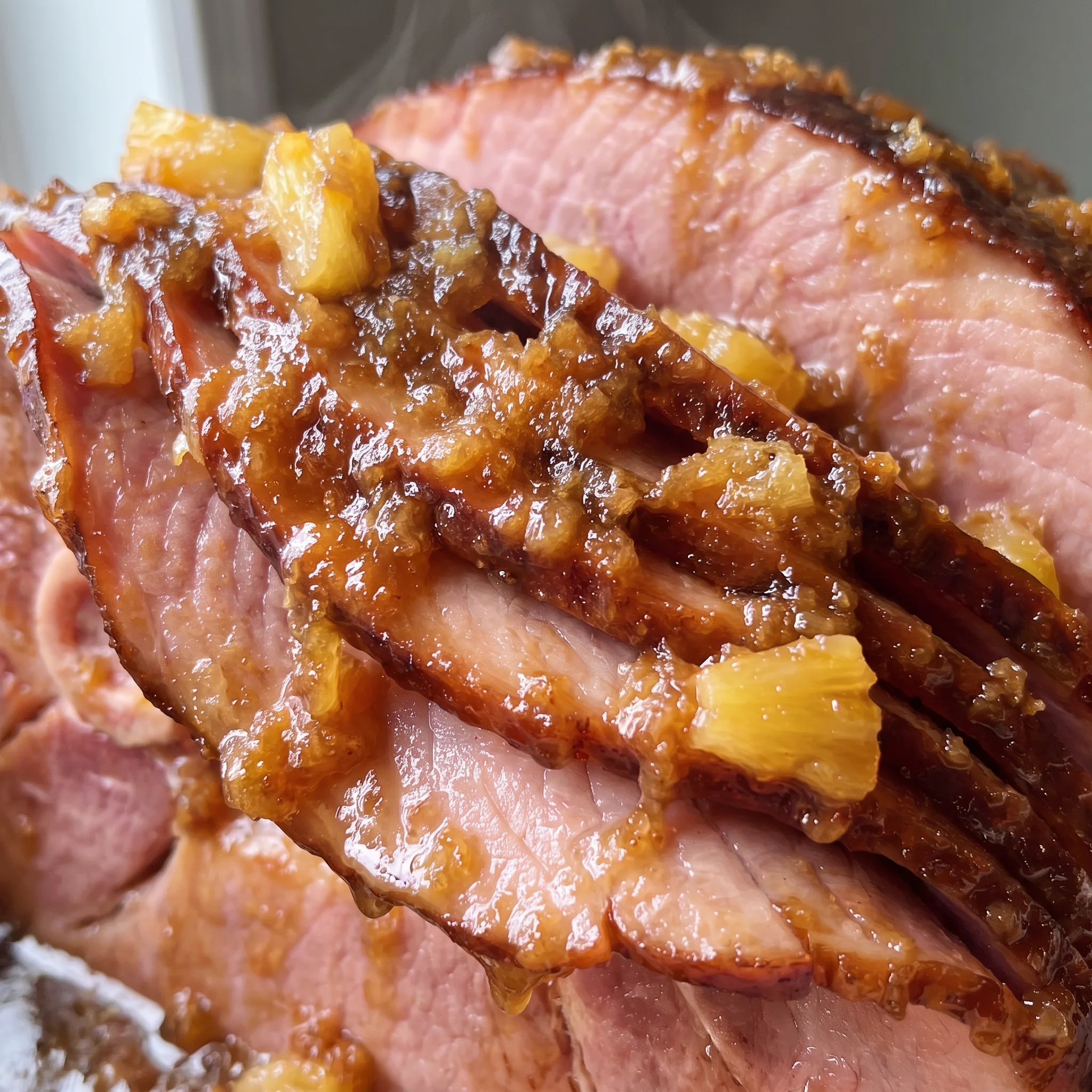 Caramelized brown sugar glaze over ham with pineapple, sticky and glistening.