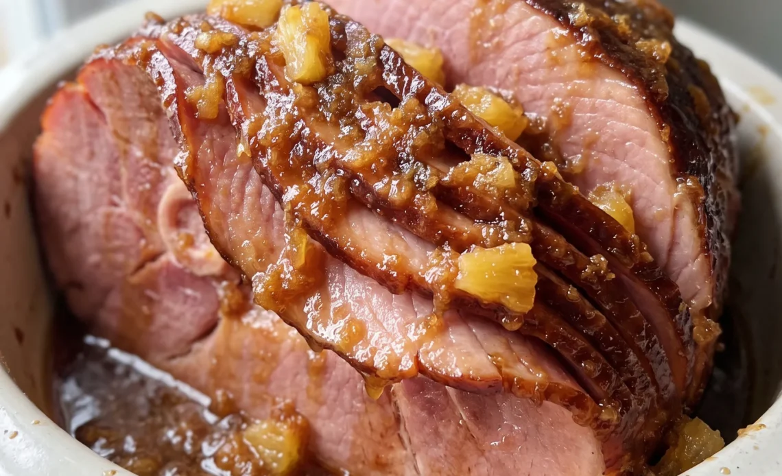 Sliced ham with pineapple rings and brown sugar glaze, golden edges and glossy surface.