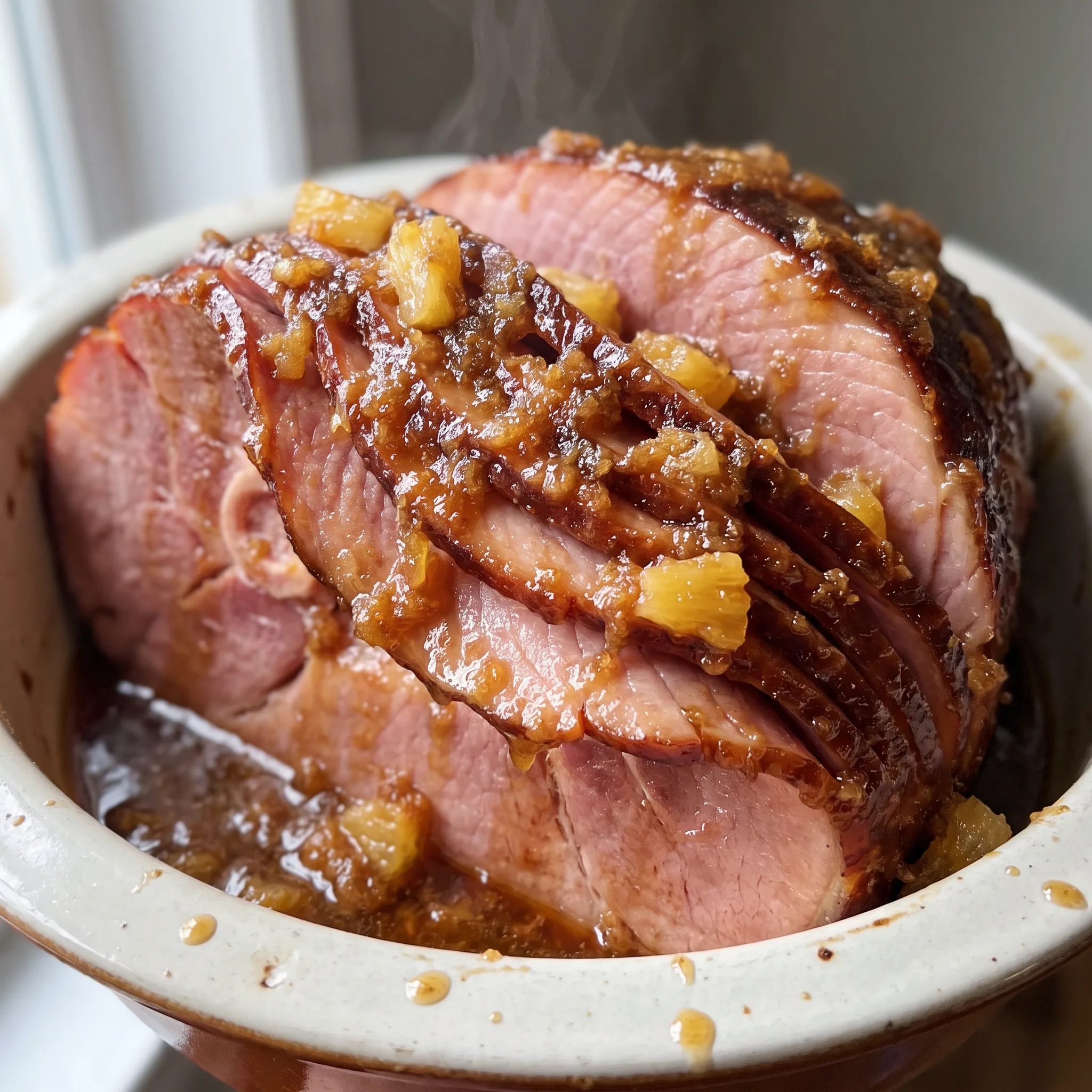Sliced ham with pineapple rings and brown sugar glaze, golden edges and glossy surface.