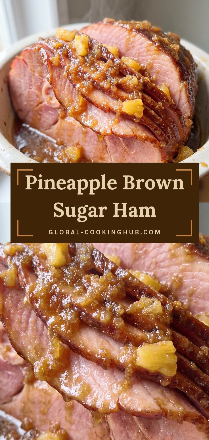 Sliced glazed ham topped with a brown sugar pineapple glaze.