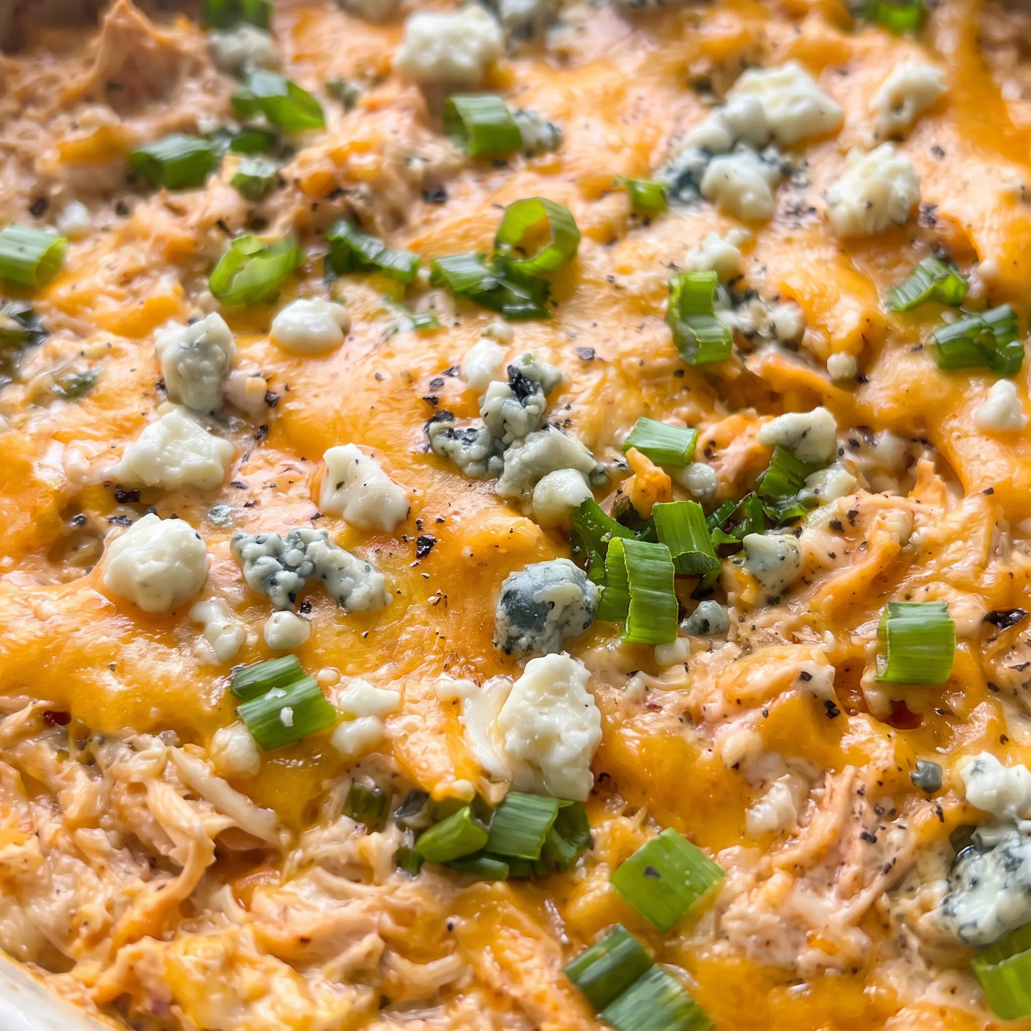Creamy orange dip with tender shredded chicken, glossy hot sauce, melted cheddar, and blue cheese crumbles topped with green onion.
