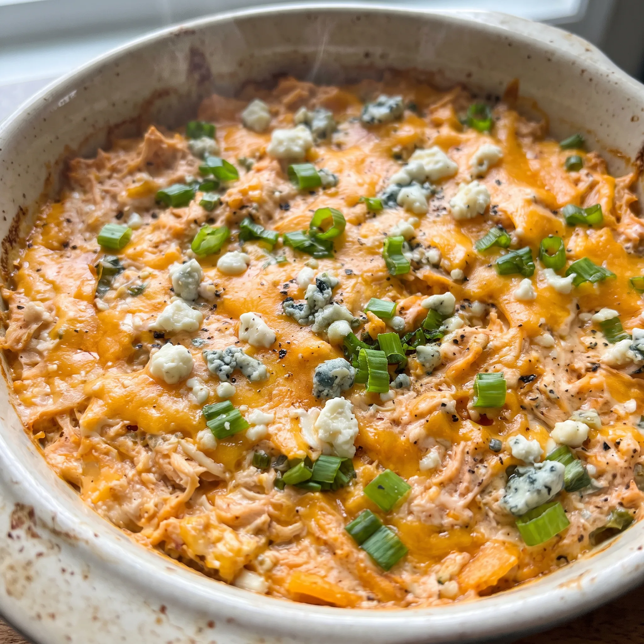 Buffalo chicken dip with shredded chicken in orange hot sauce, melted cheddar, green onion slices, and blue cheese crumbles.