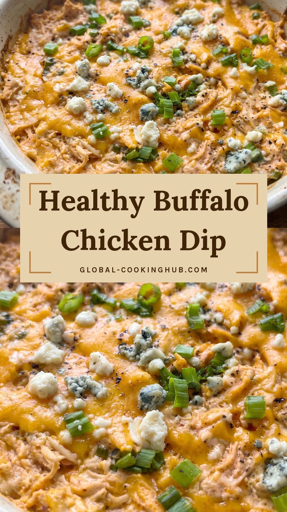 Baked buffalo chicken dip with melted cheddar, blue cheese crumbles and green onions.
