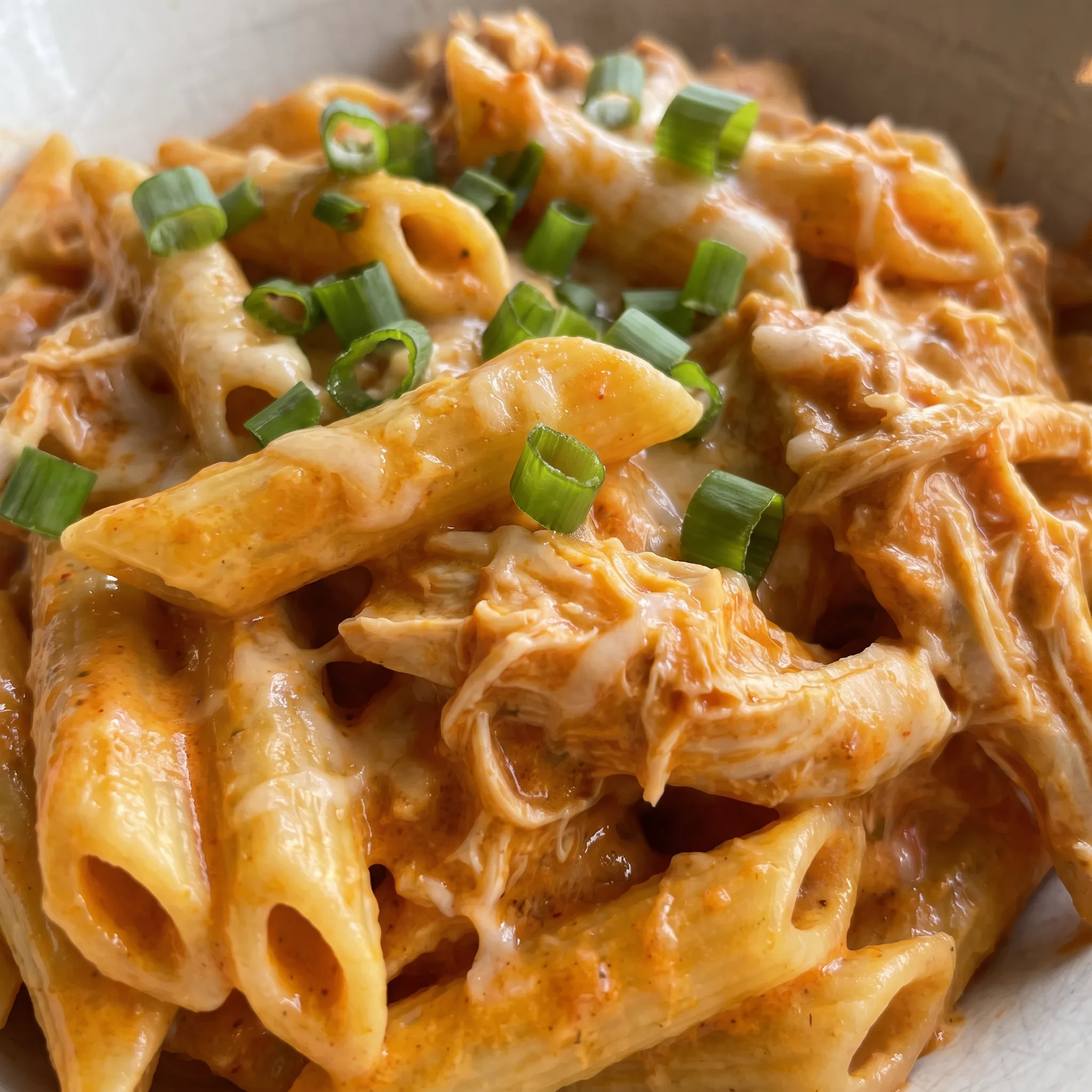 Creamy orange buffalo sauce coating pasta and chicken, topped with gooey melted cheese and crisp green onion slices.