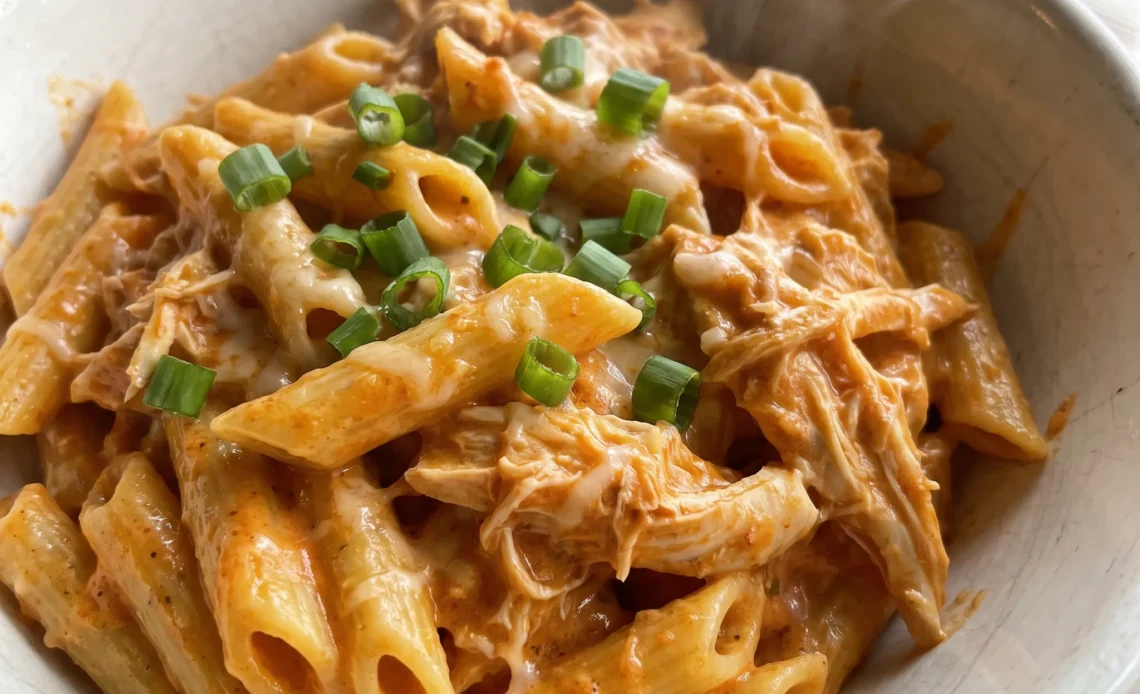 Buffalo chicken pasta with cubed chicken, penne, orange sauce, melted mozzarella and Parmesan, and sliced green onions.